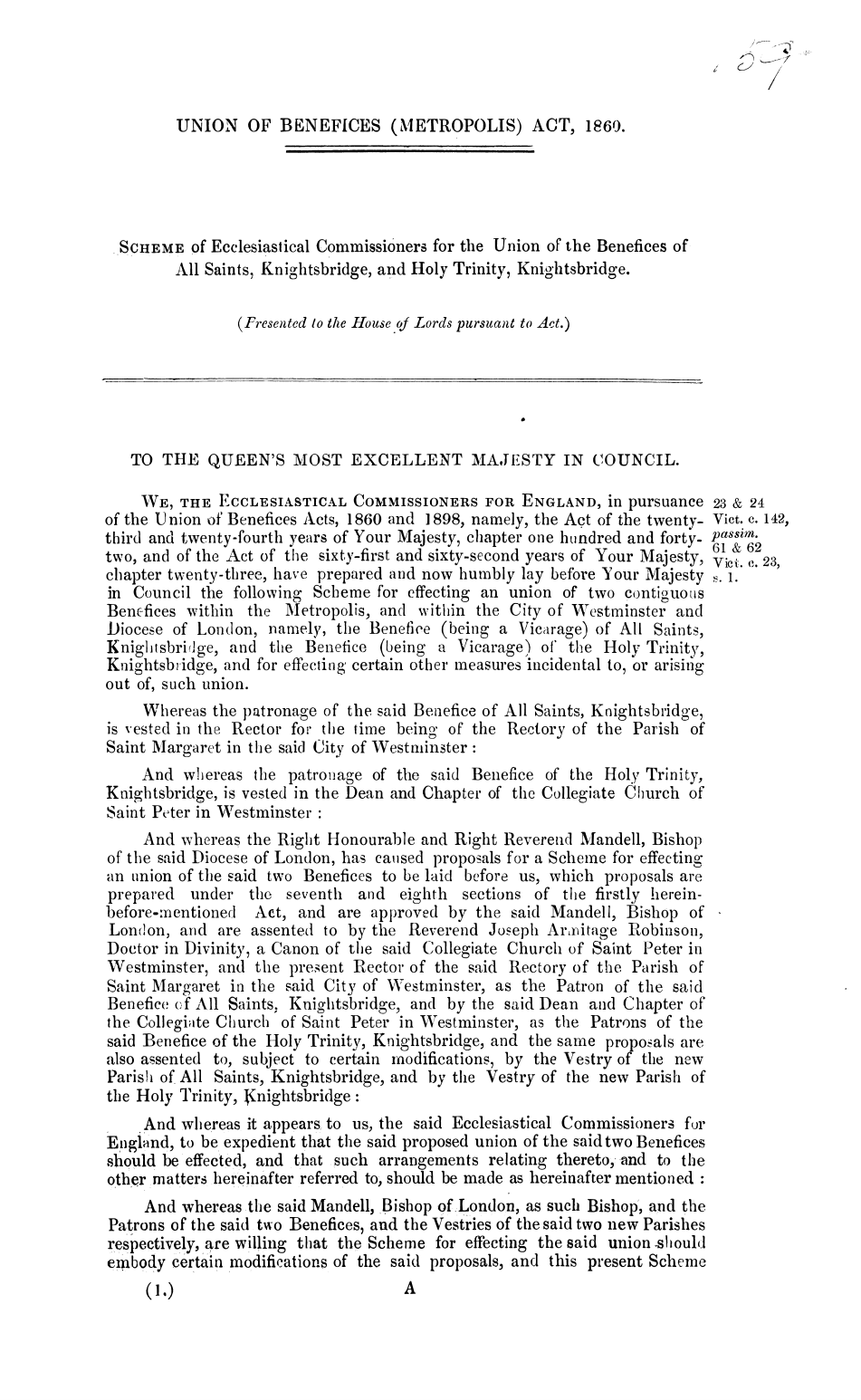 Union of Benefices (Metropolis) Act, 1860. Scheme of Ecclesiastical Commissioners for the Union of the Benefices of All Saints, Knightsbridge, and Holy Trinity, Knightsbridge