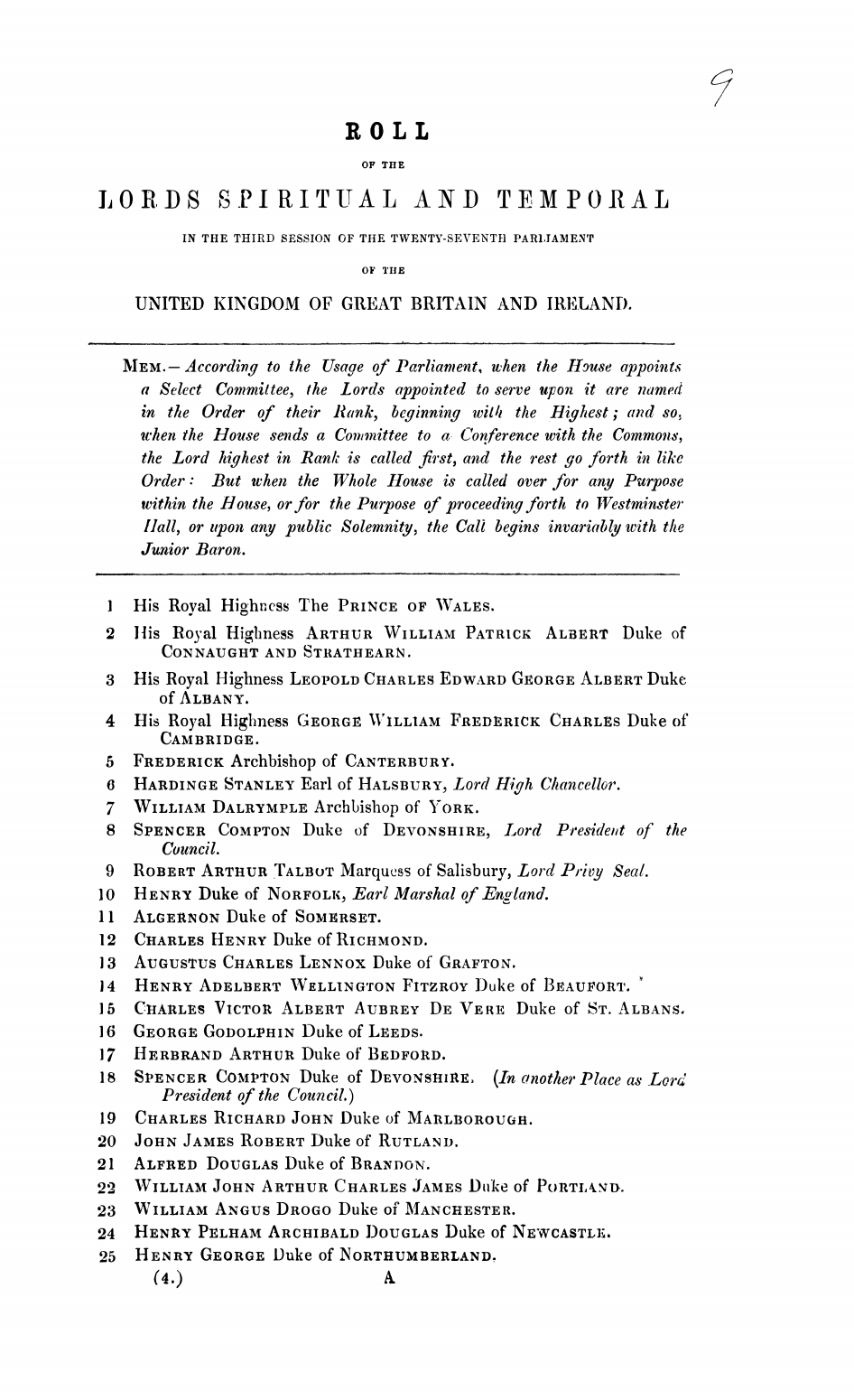 Roll of the Lords Spiritual and Temporal in the 3rd Session of the 29th Parliament of the United Kingdom of Great Britain and Ireland