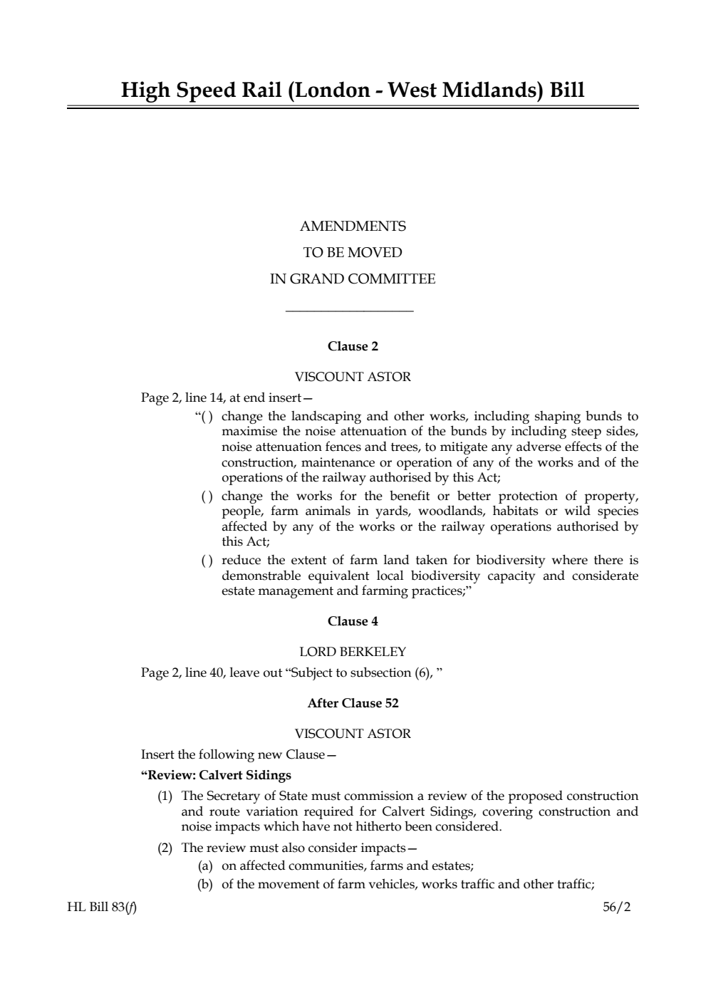 High Speed Rail (London - West Midlands) Bill Lords Amendments