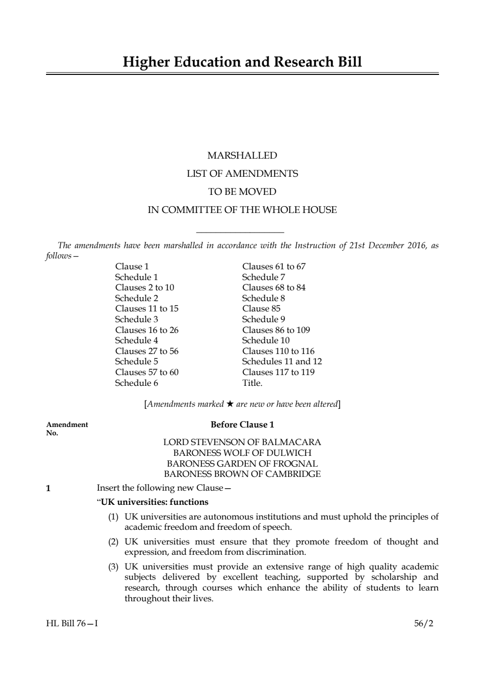 Higher Education and Research Bill Lords Amendments 1st Marshalled List