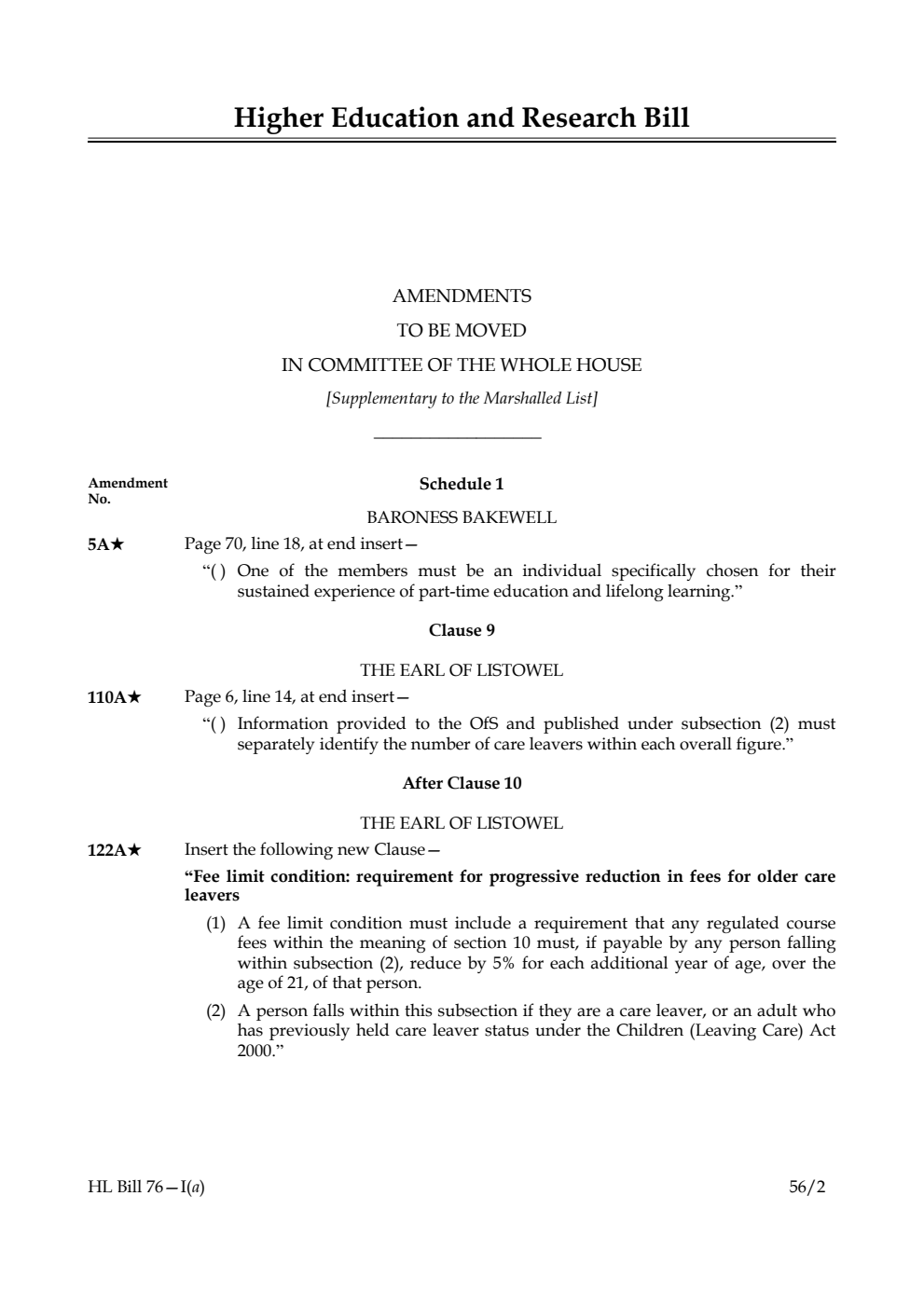 Higher Education and Research Bill Lords Amendments
