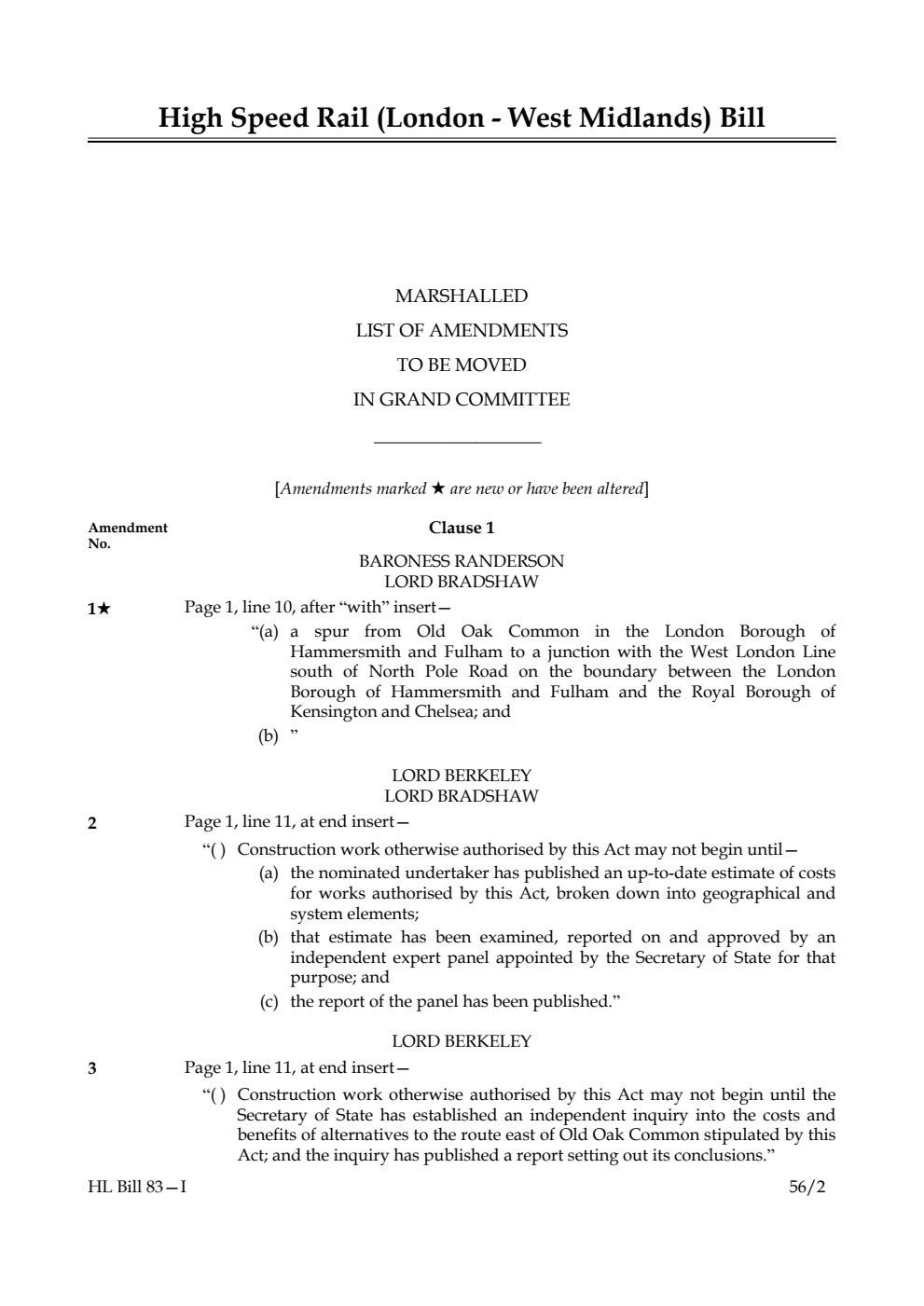 High Speed Rail (London - West Midlands) Bill Lords Amendments 1st Marshalled List
