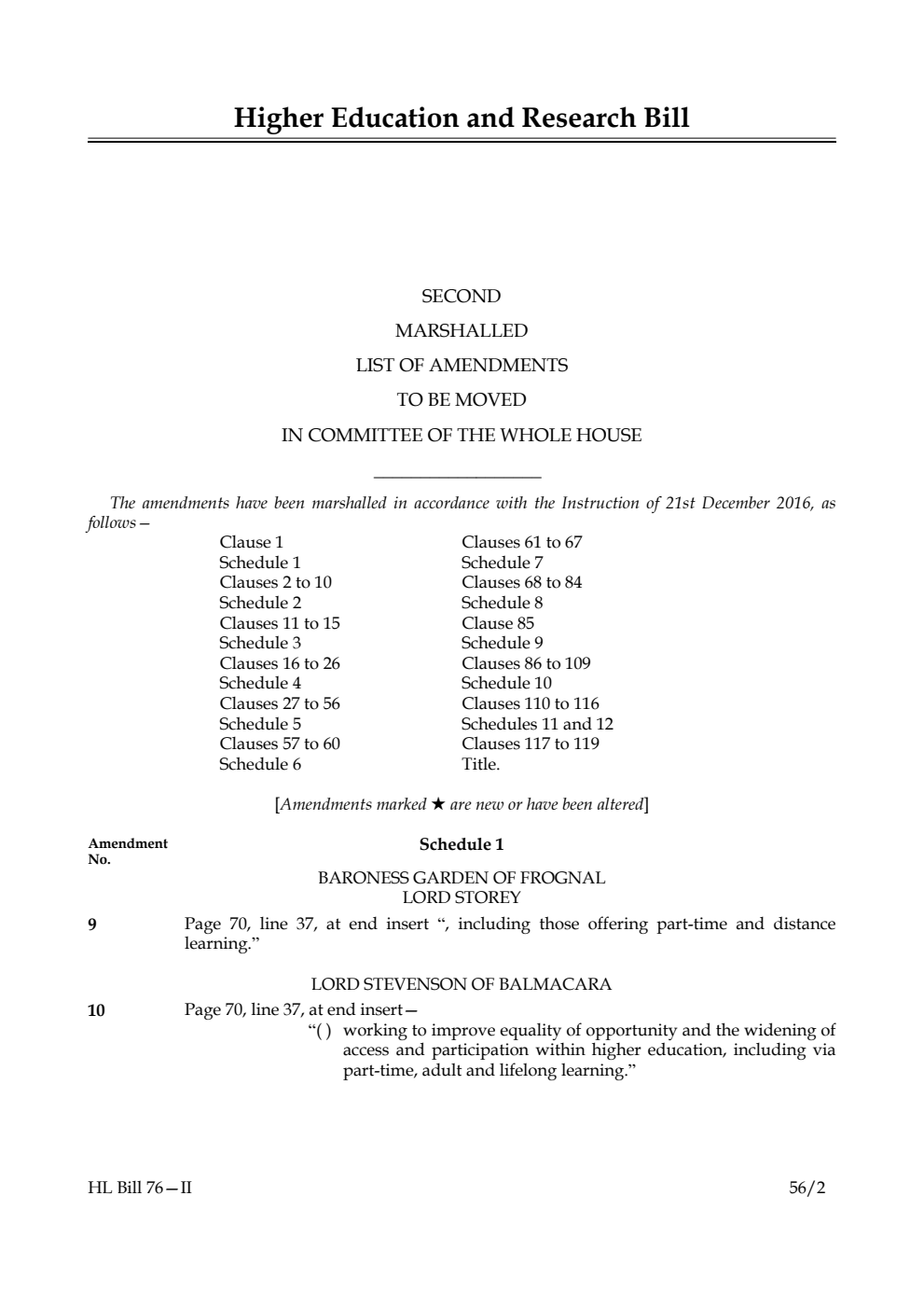 Higher Education and Research Bill Lords Amendments 2nd Marshalled List