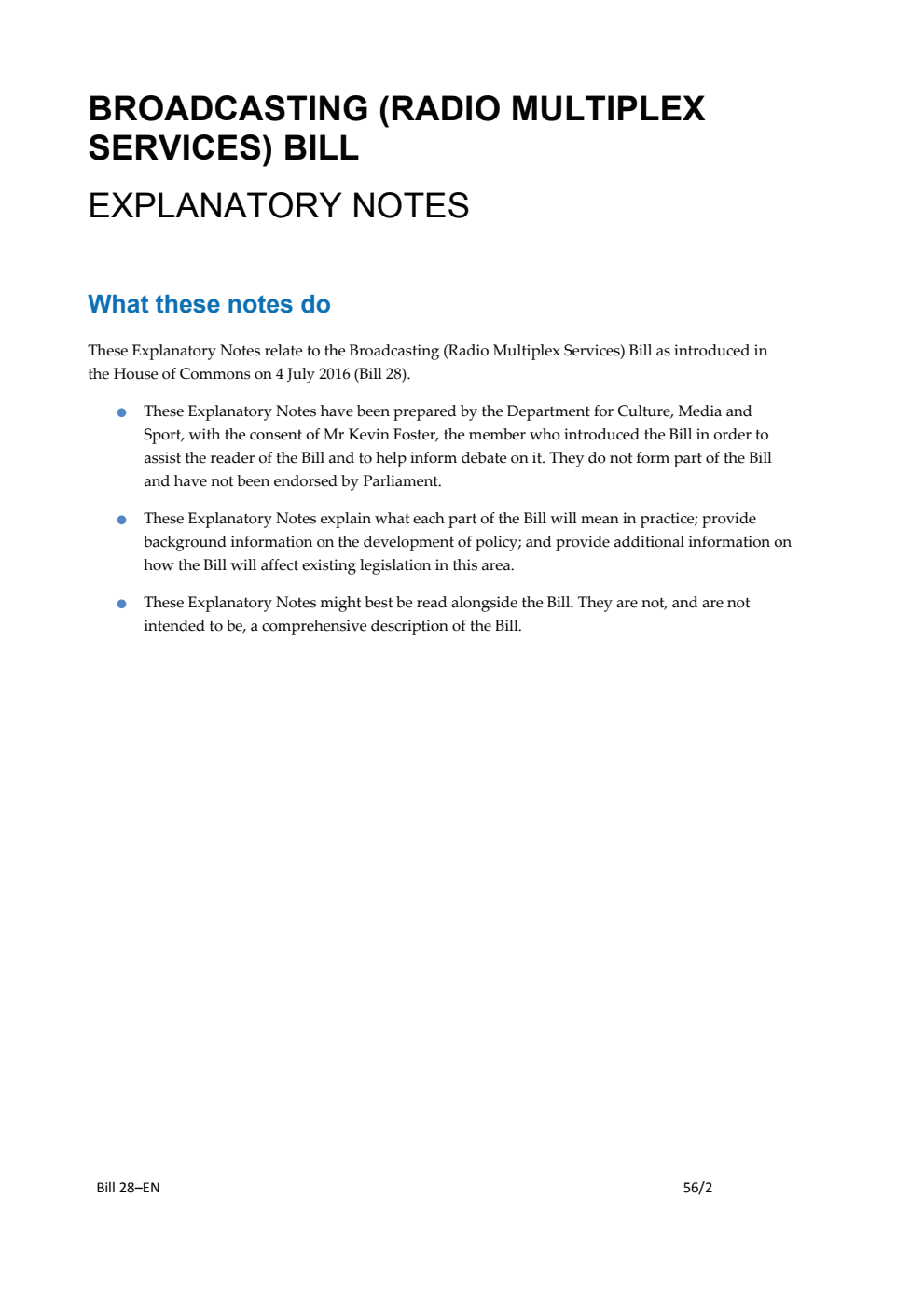 Broadcasting (Radio Multiplex Services) Bill Explanatory Notes
