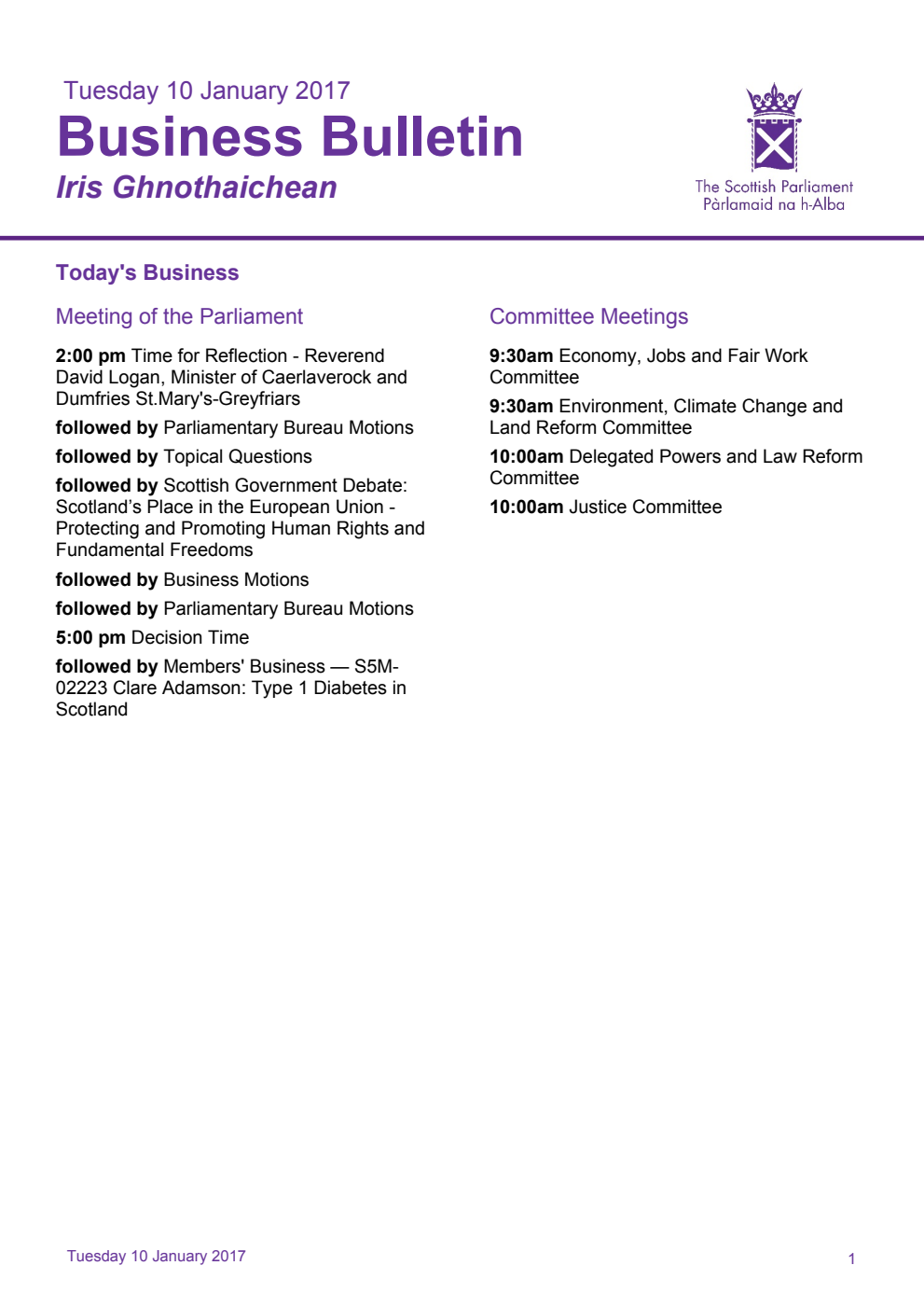 Business Bulletin, Tuesday 10th January 2017