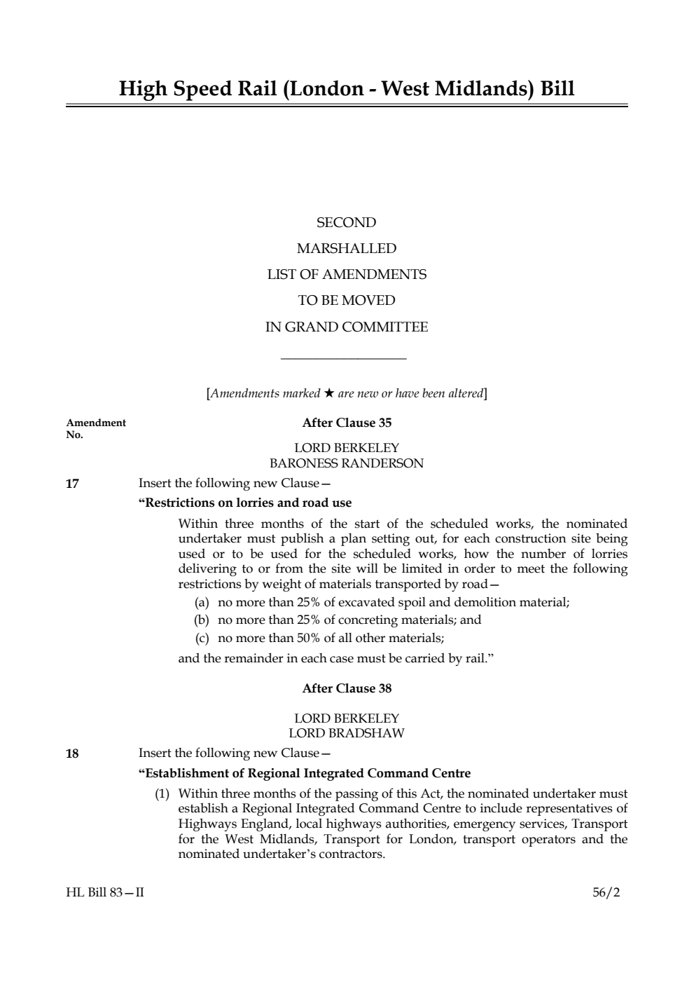 High Speed Rail (London - West Midlands) Bill Lords Amendments 2nd Marshalled List