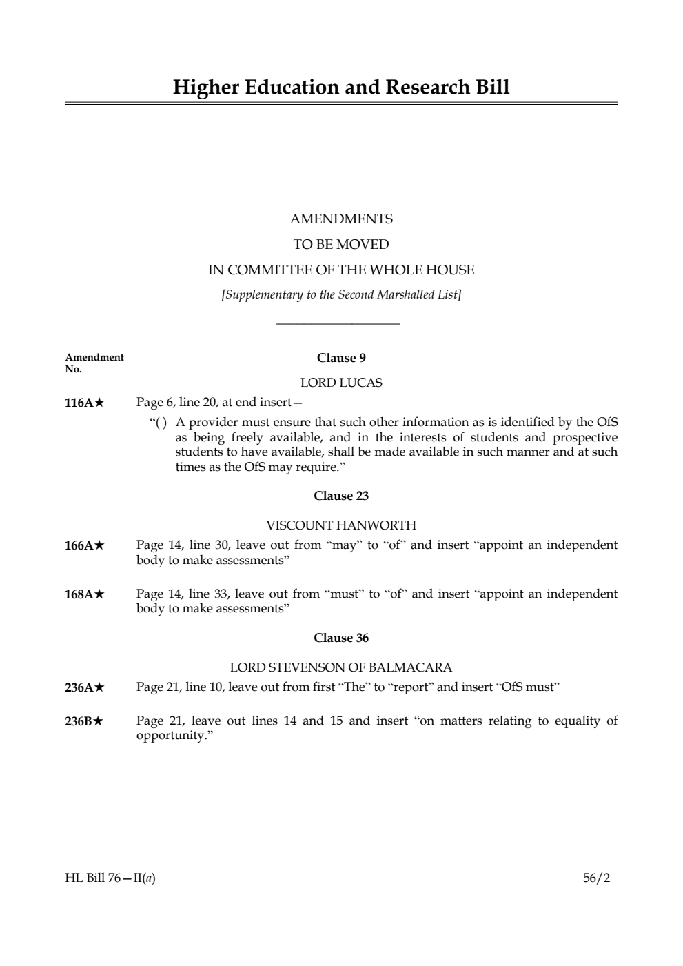 Higher Education and Research Bill Lords Amendments