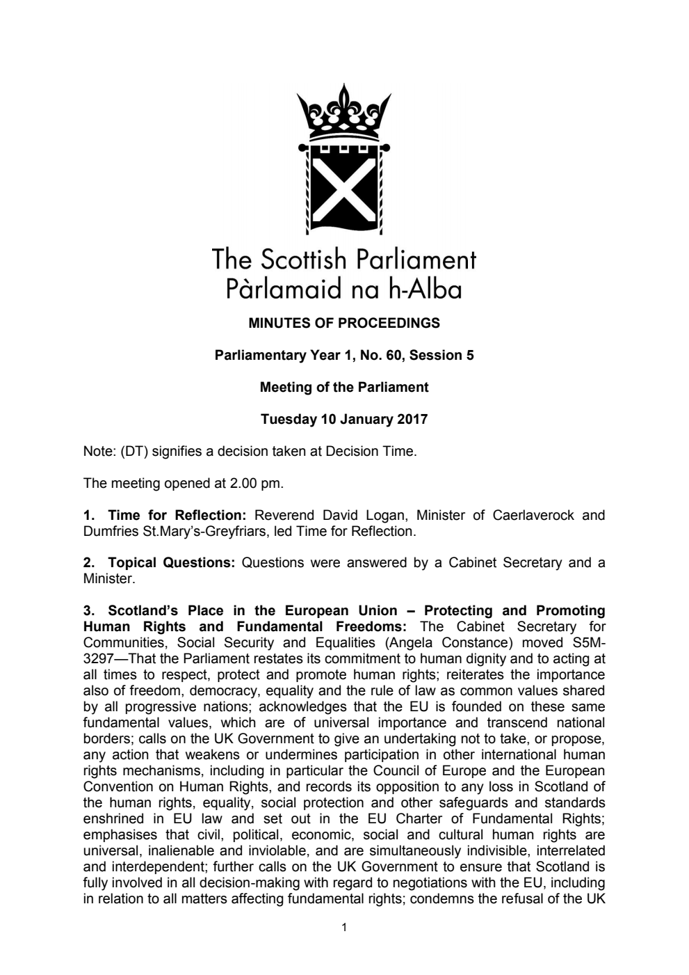 Minutes of Proceedings 10 January 2017 Vol. 1, No. 60 Session 5