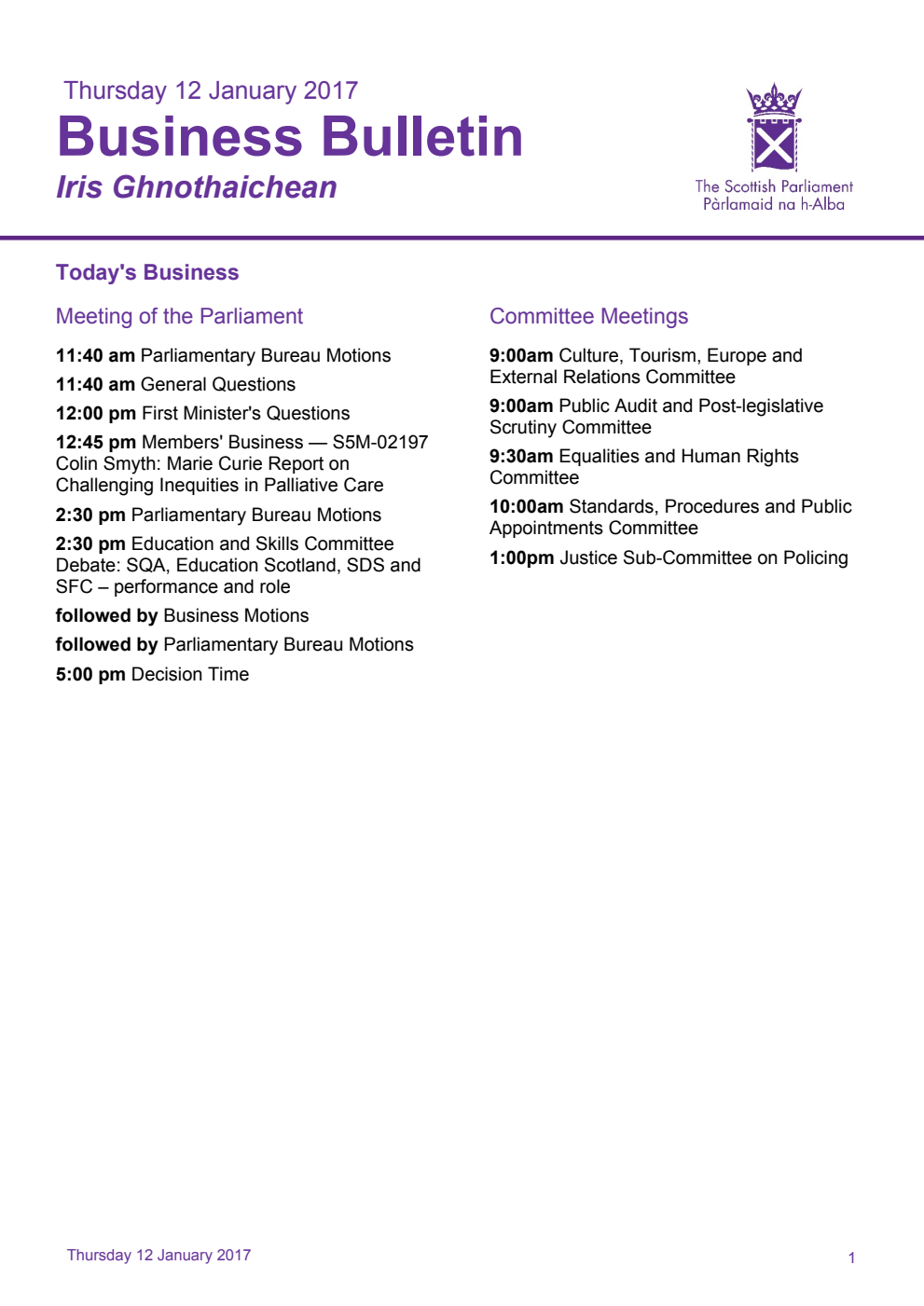 Business Bulletin, Thursday 12th January 2017