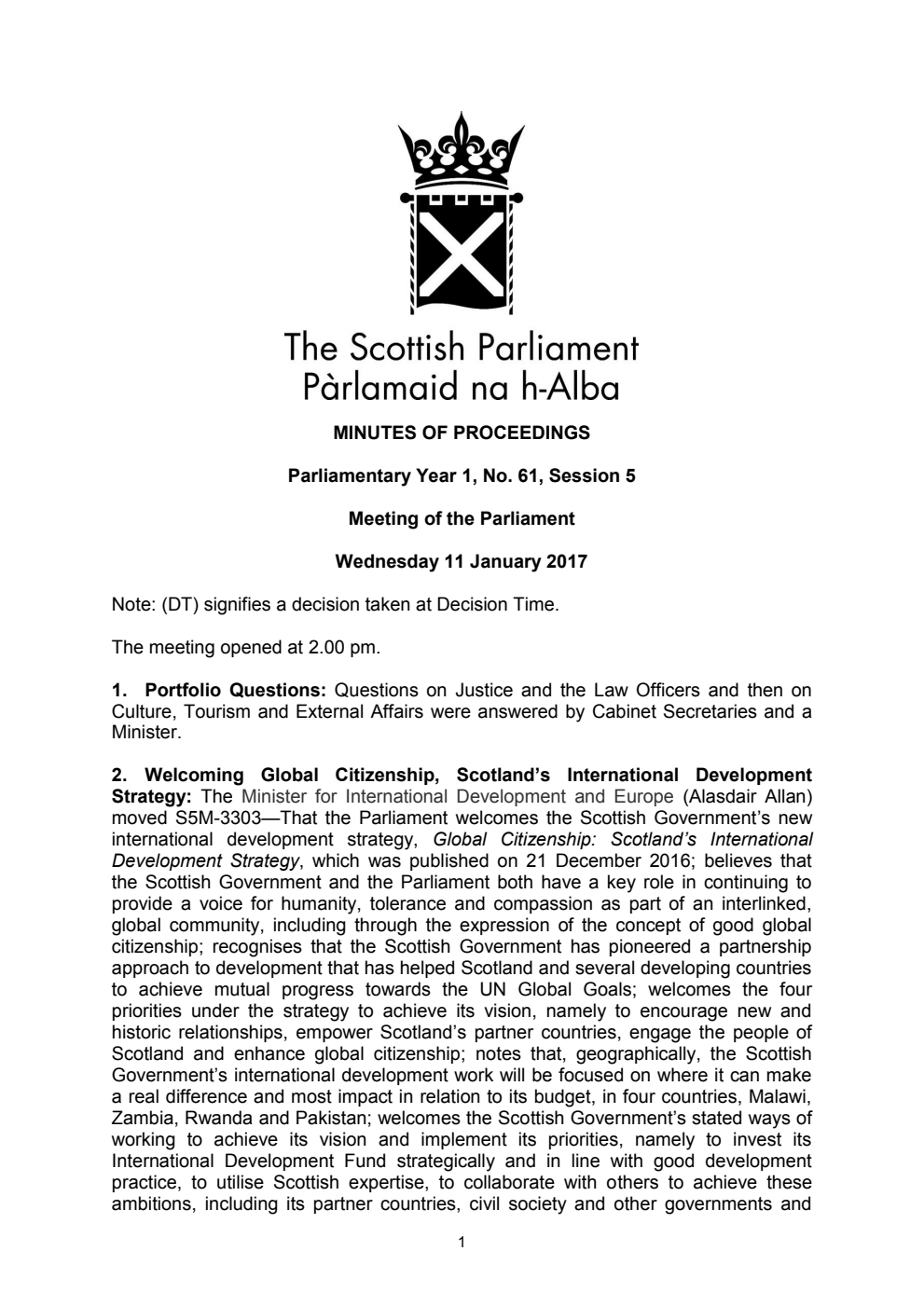 Minutes of Proceedings 11 January 2017 Vol. 1, No. 61 Session 5