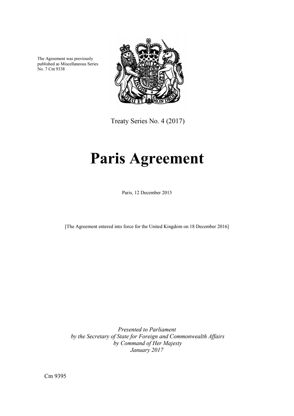 Treaty Series No. 4 (2017) Paris Agreement. Paris, 12 December 2015