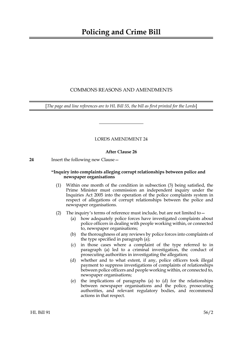 Policing and Crime Bill Commons reasons and amendments