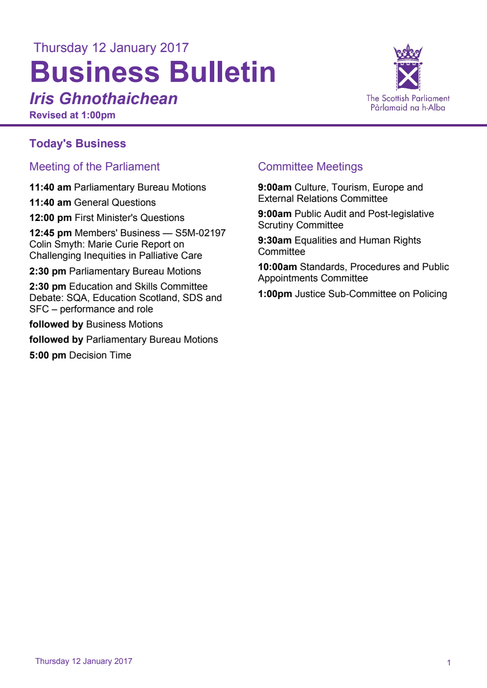 Business Bulletin, Thursday 12th January 2017, Revised