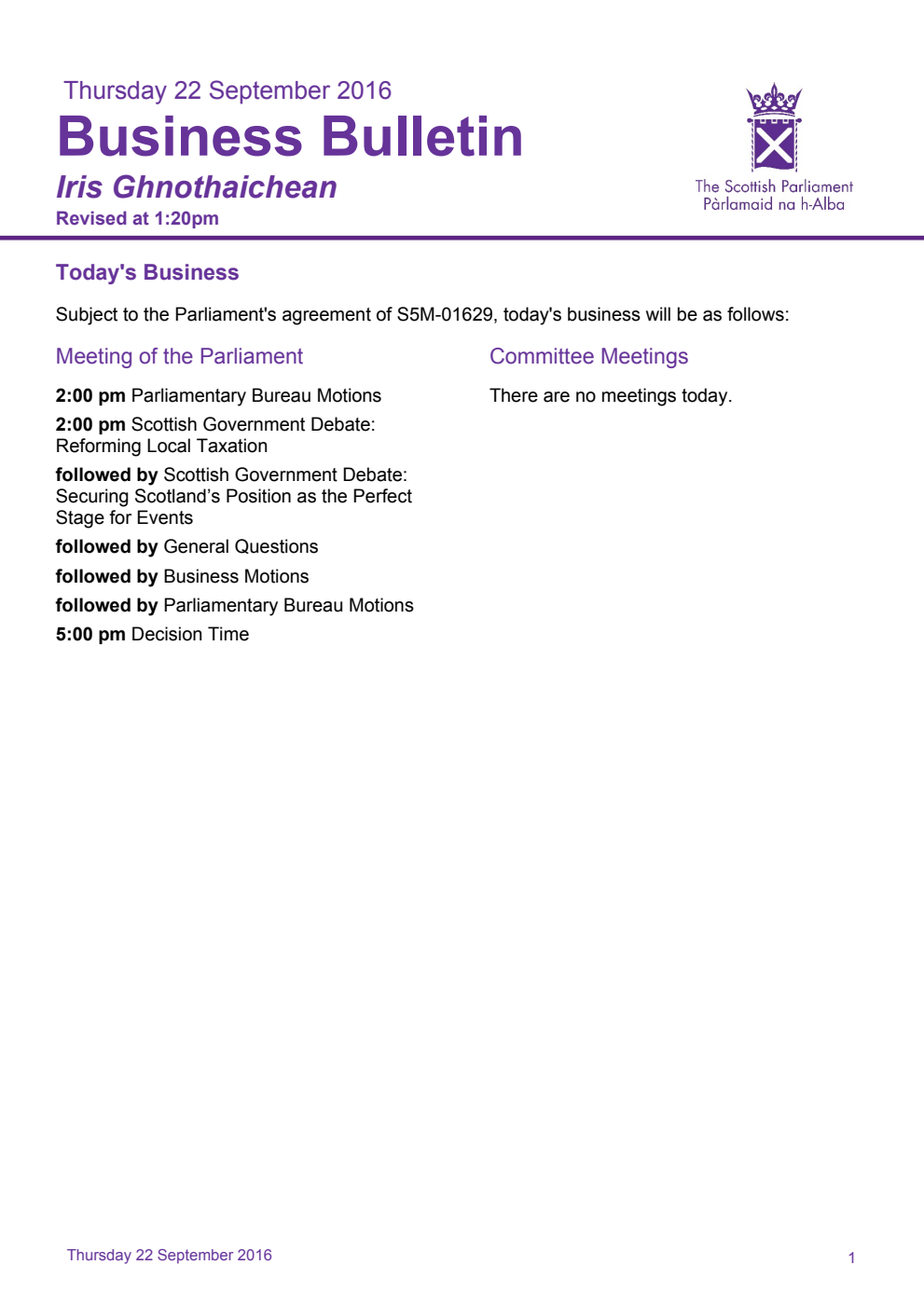 Business Bulletin, Thursday 22nd September 2016, Revised