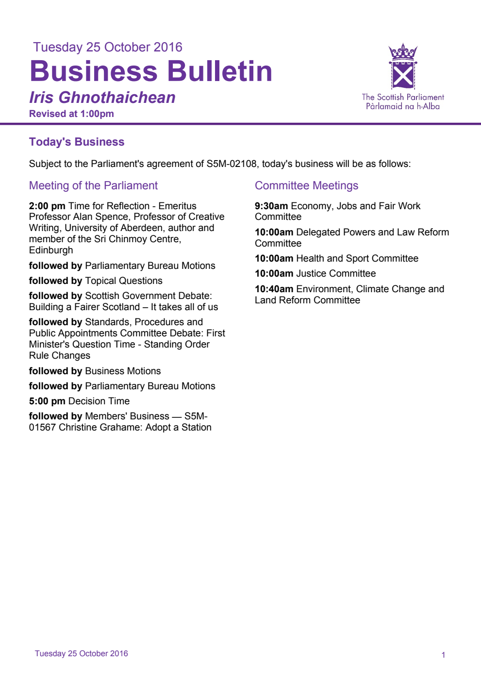 Business Bulletin, Tuesday 25th October 2016, Revised