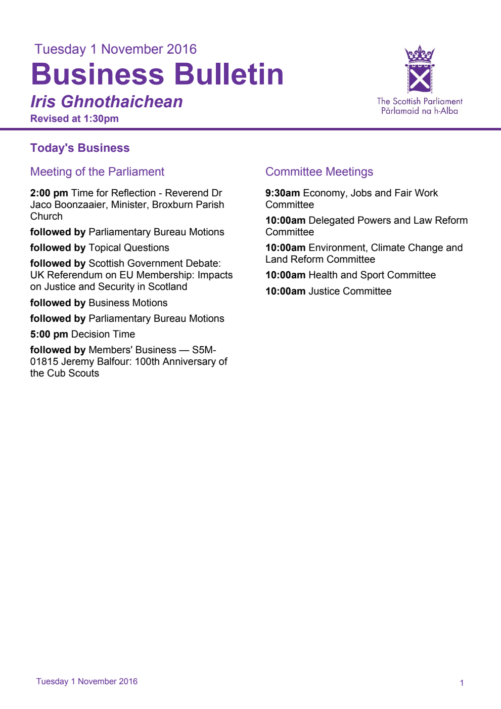 Business Bulletin, Tuesday 1st November 2016, Revised