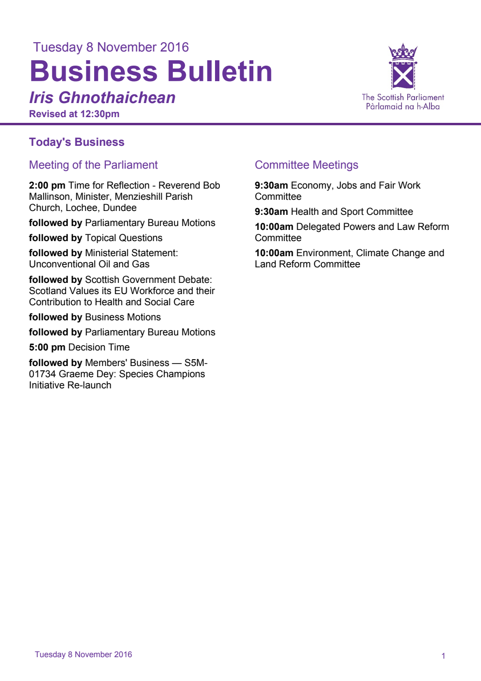 Business Bulletin, Tuesday 8th November 2016, Revised 