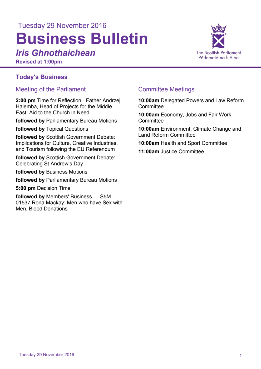 Business Bulletin, Tuesday 29th November 2016, Revised