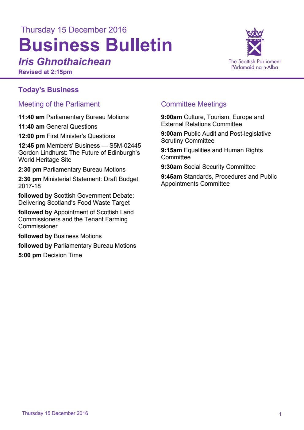 Business Bulletin, Thursday 15th December 2016, Revised