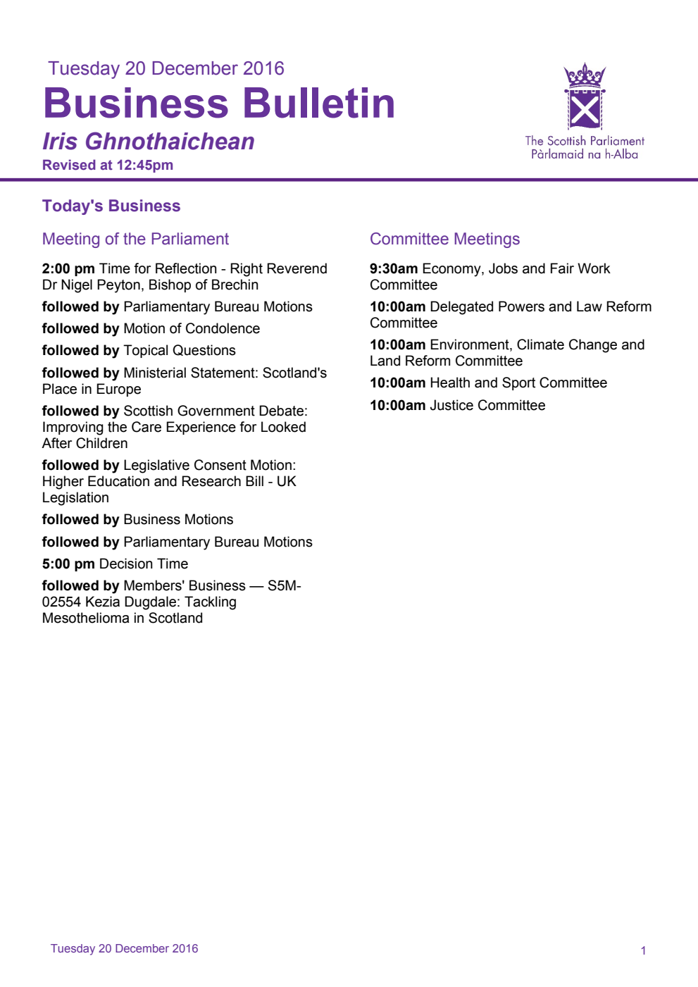 Business Bulletin, Tuesday 20th December 2016, Revised 