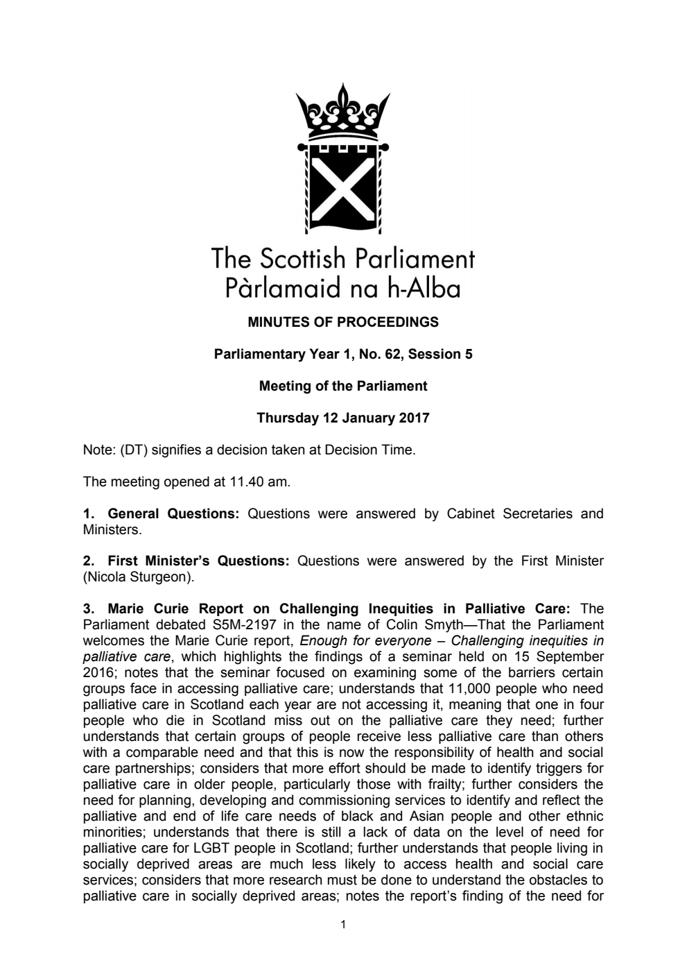 Minutes of Proceedings 12 January 2017 Vol. 1, No. 62 Session 5