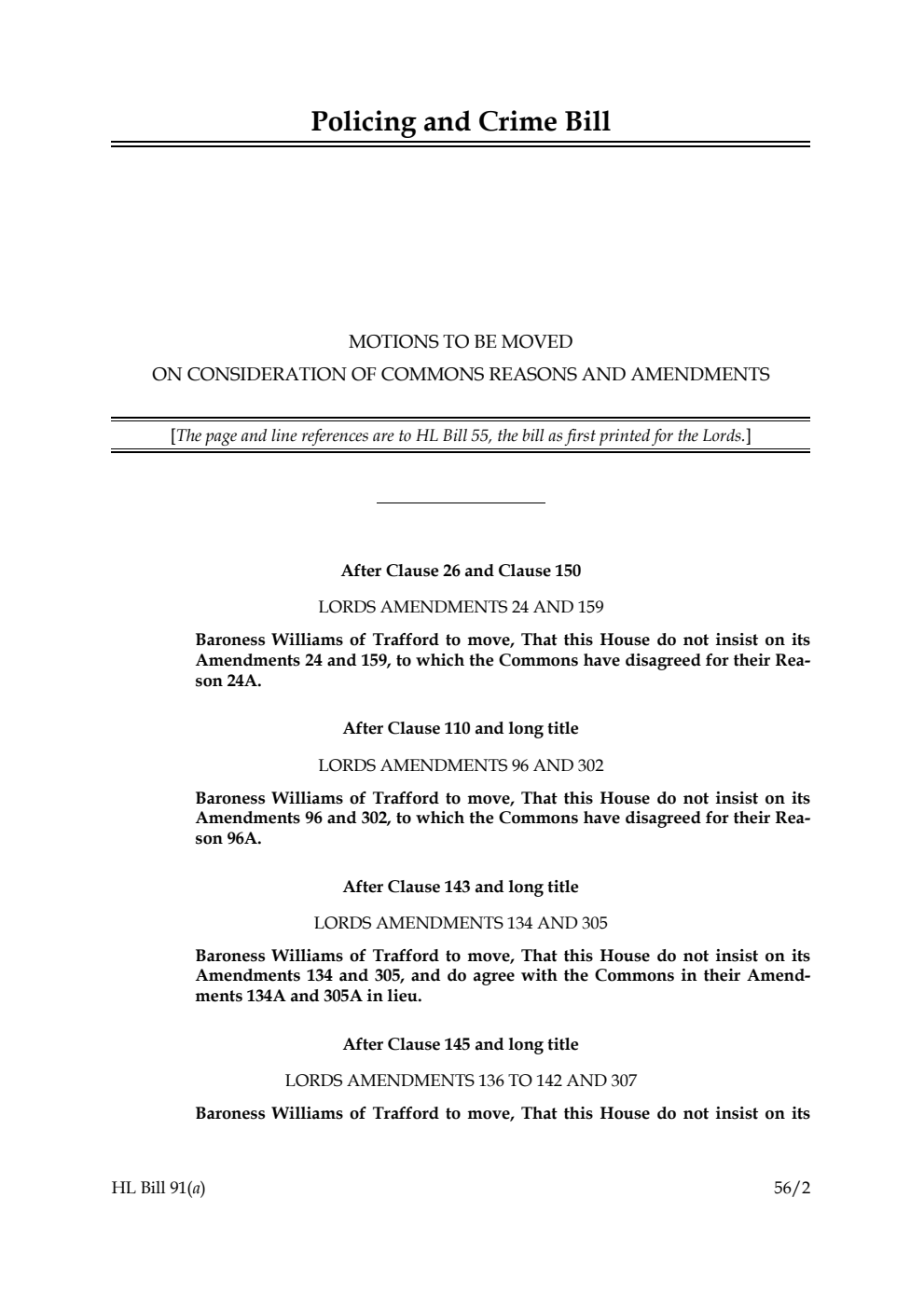 Policing and Crime Bill Motions to be moved on consideration of Commons reasons and amendments