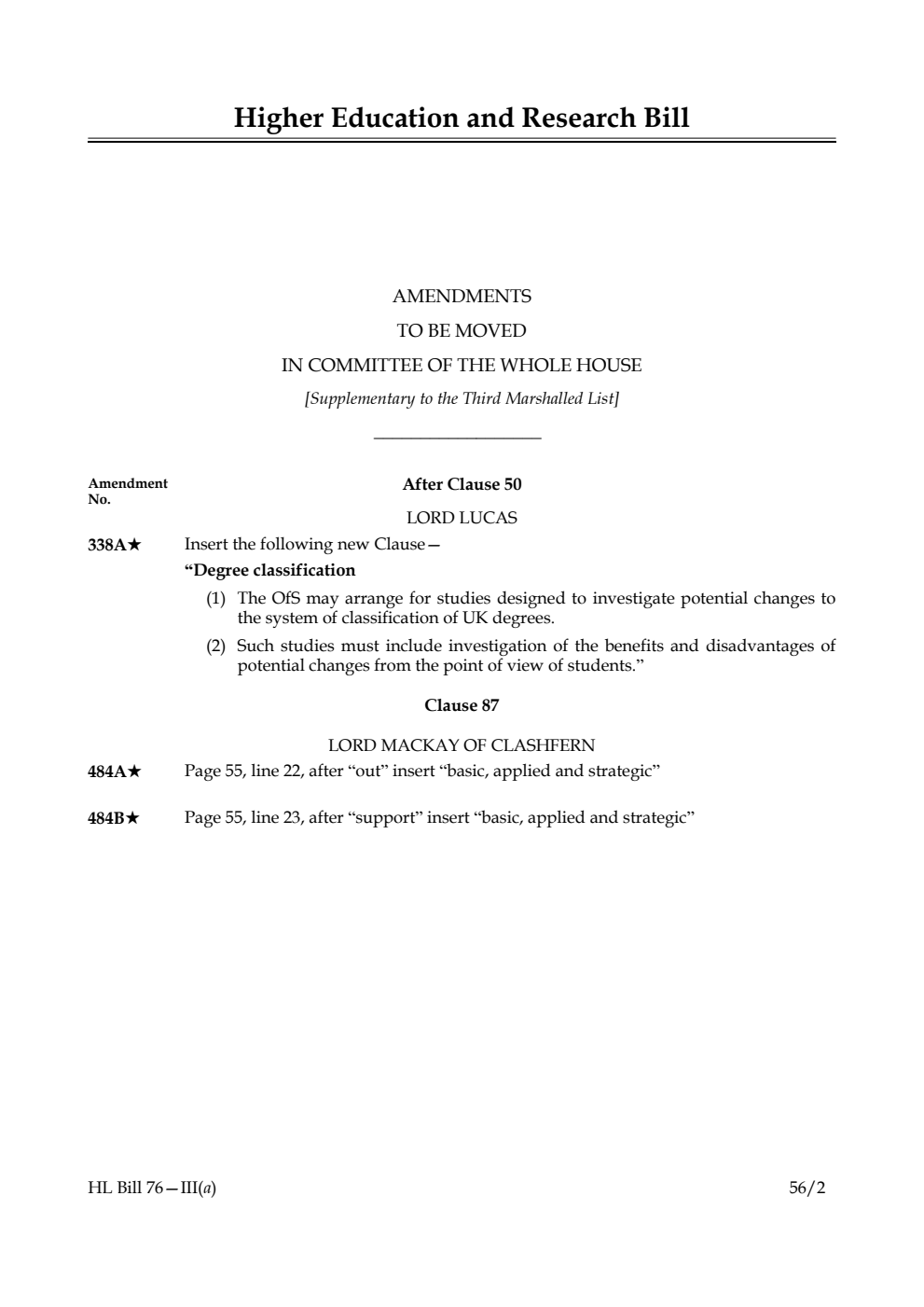 Higher Education and Research Bill Lords Amendments