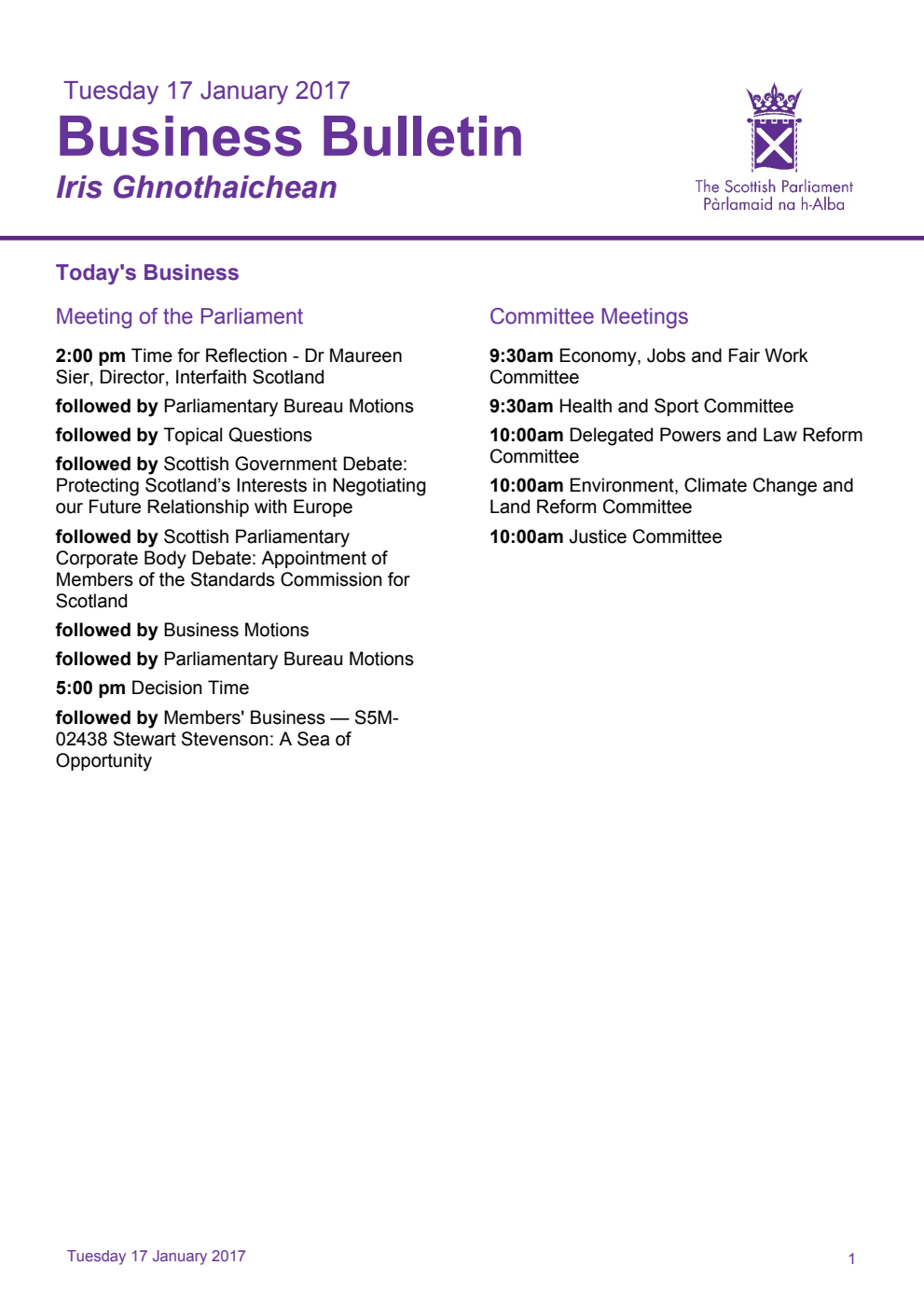 Business Bulletin, Tuesday 17th January 2017