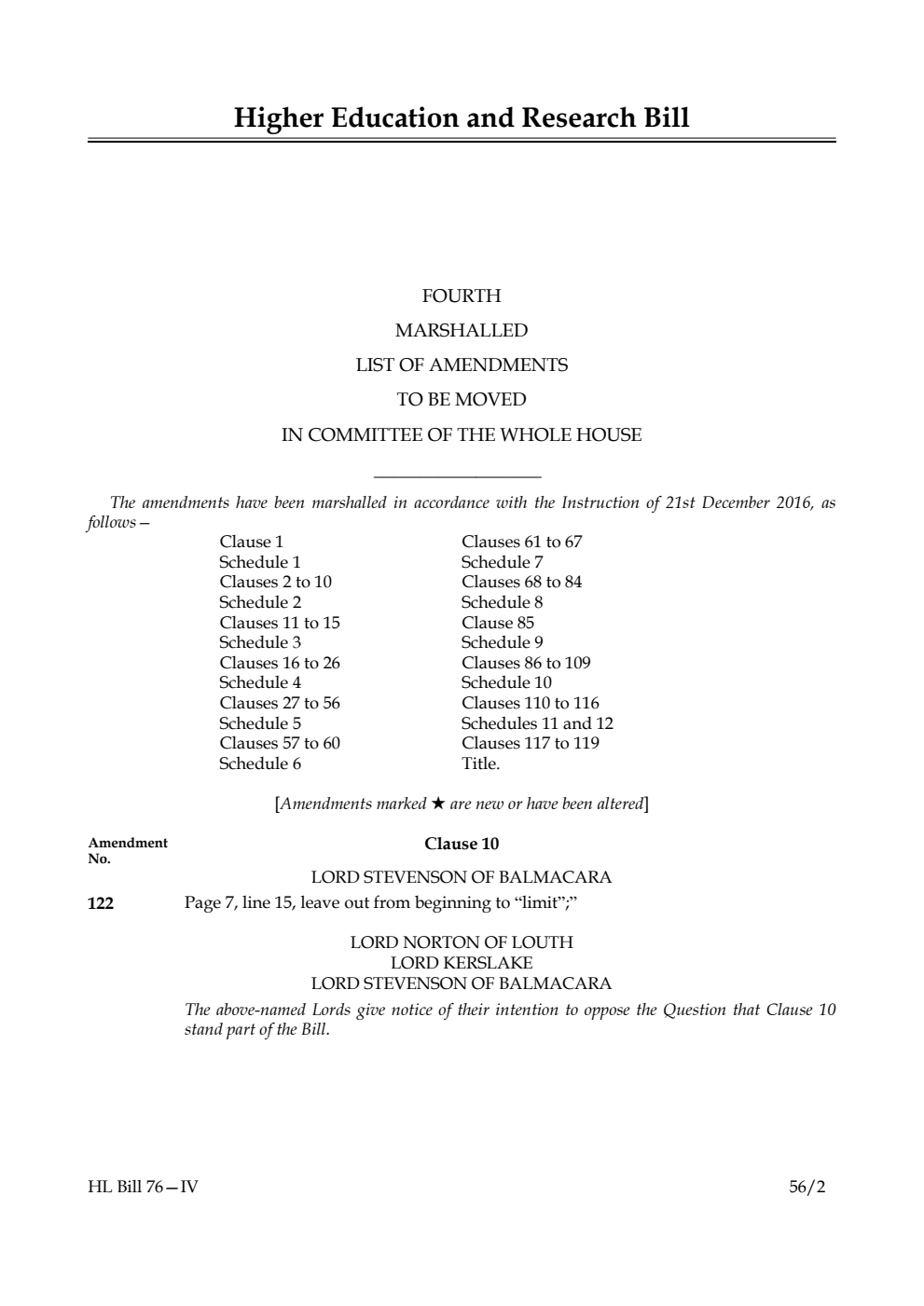 Higher Education and Research Bill Lords Amendments 4th Marshalled List
