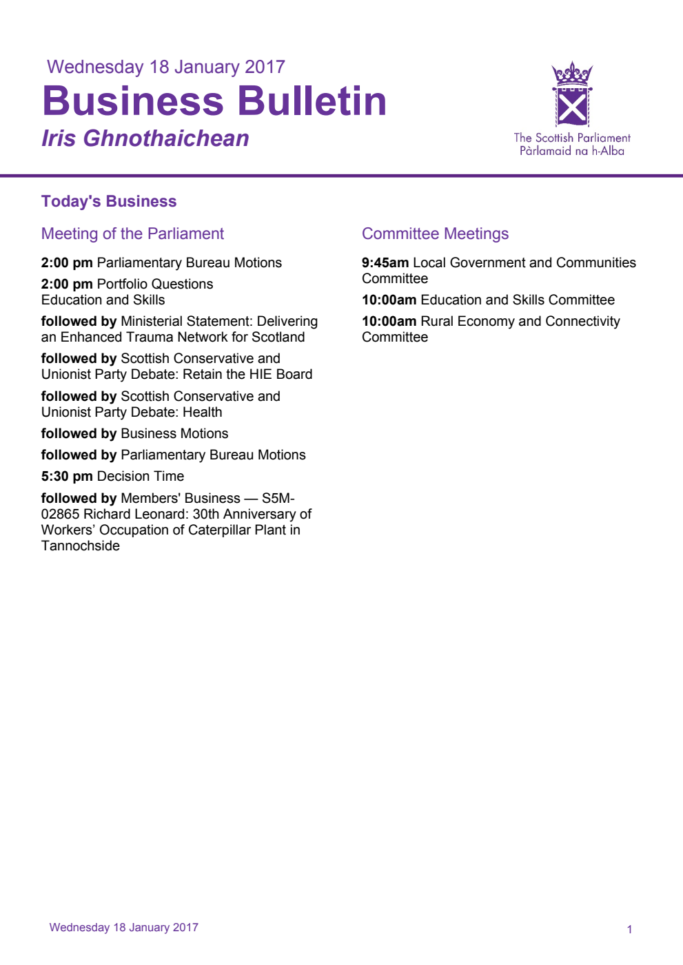 Business Bulletin, Wednesday 18th January 2017