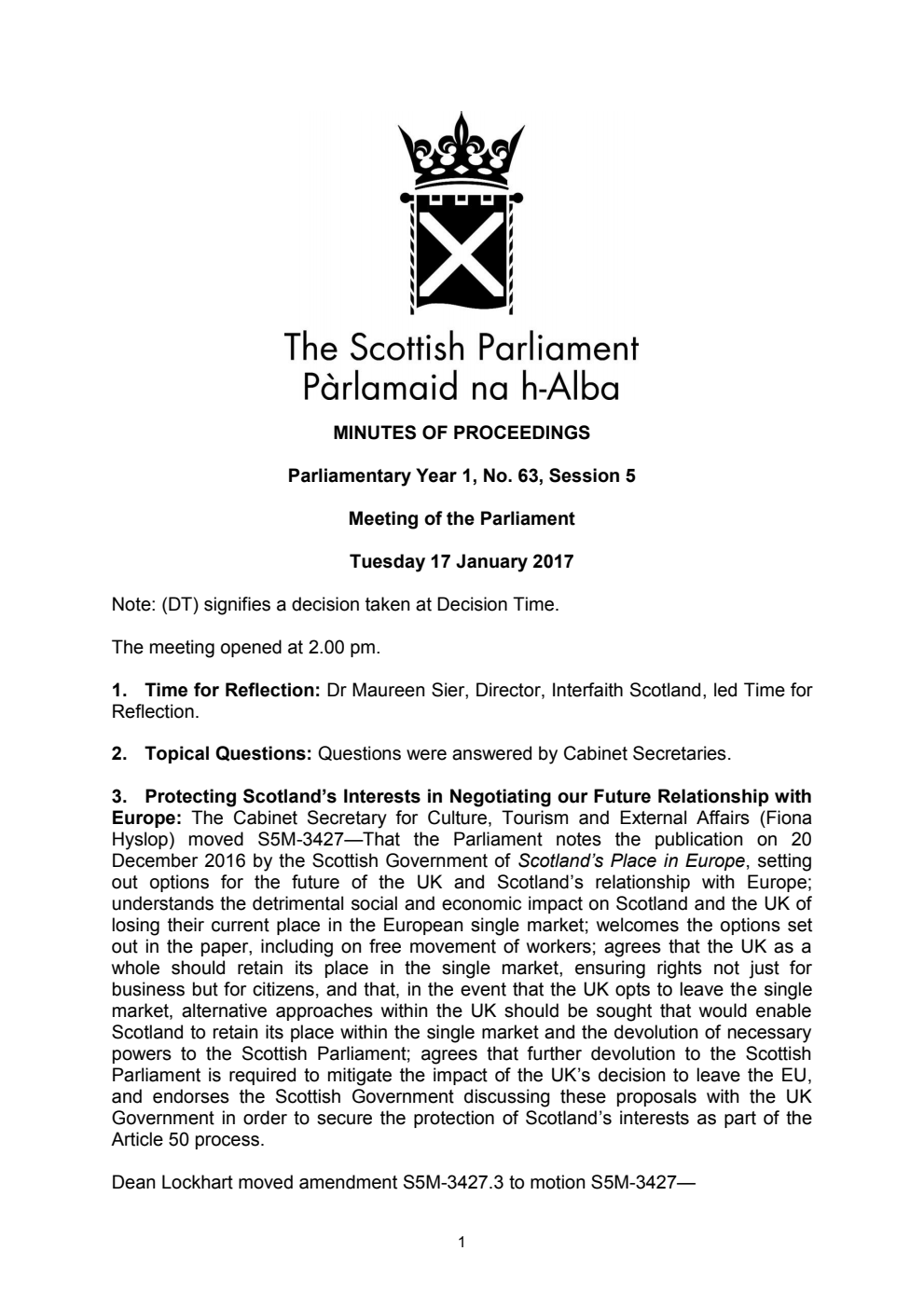 Minutes of Proceedings 17 January 2017 Vol. 1, No. 63 Session 5