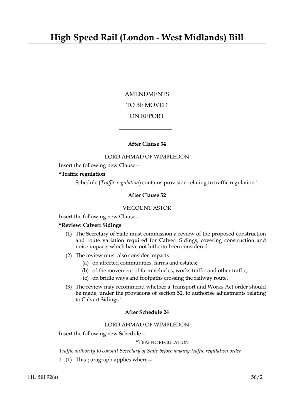 High Speed Rail (London - West Midlands) Bill Lords Amendments