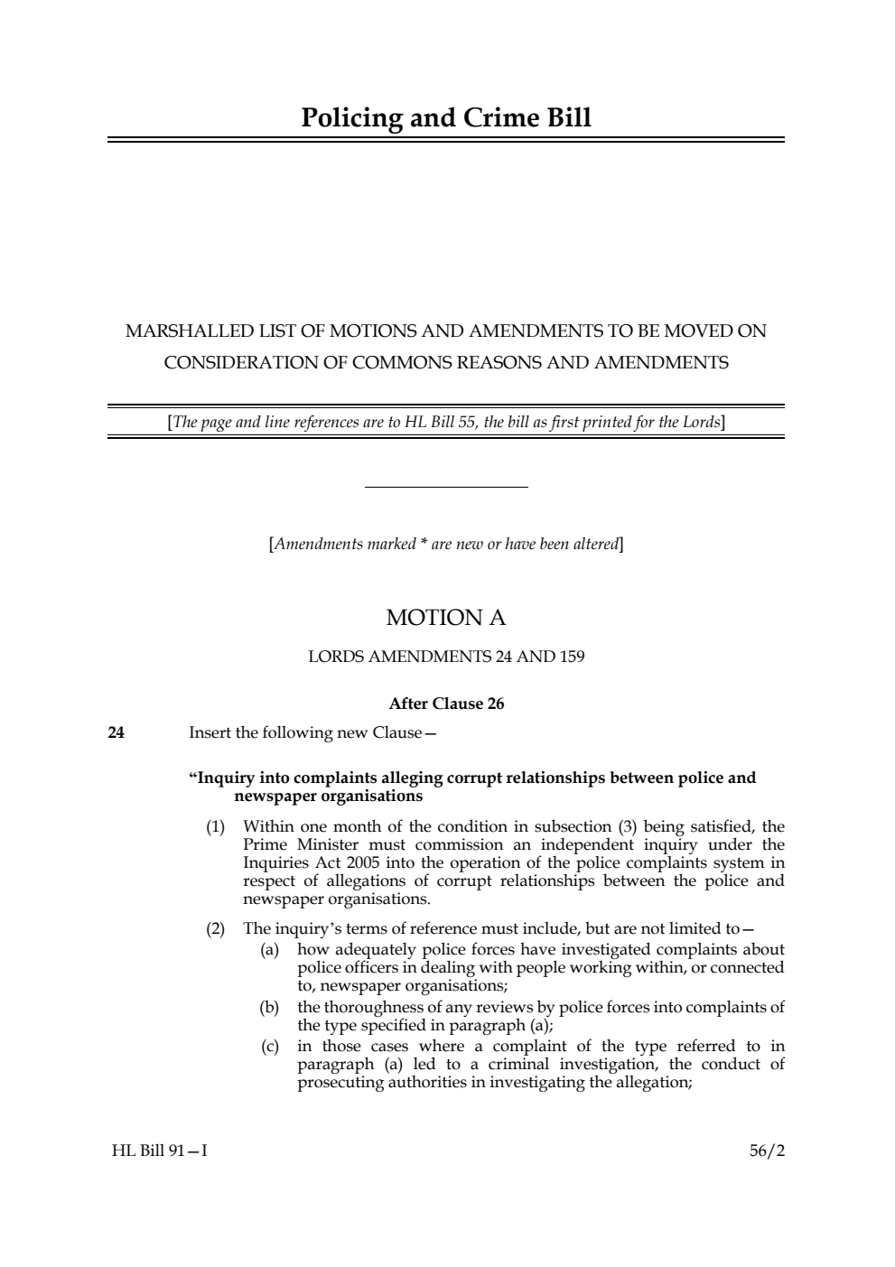 Policing and Crime Bill Marshalled list of motions and amendments to be moved on consideration of Commons reasons and amendments