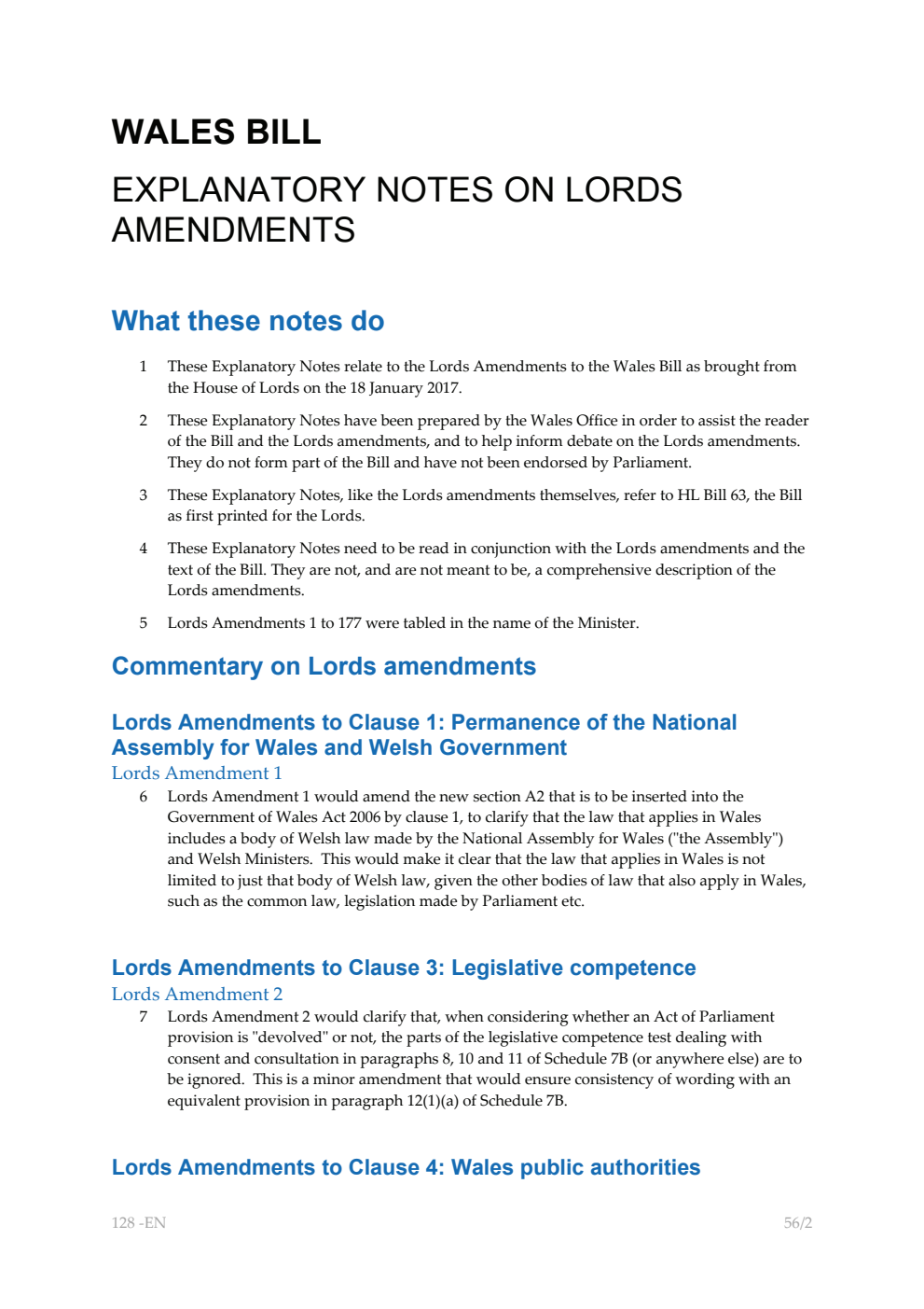 Wales Bill Explanatory Notes on Lords Amendments