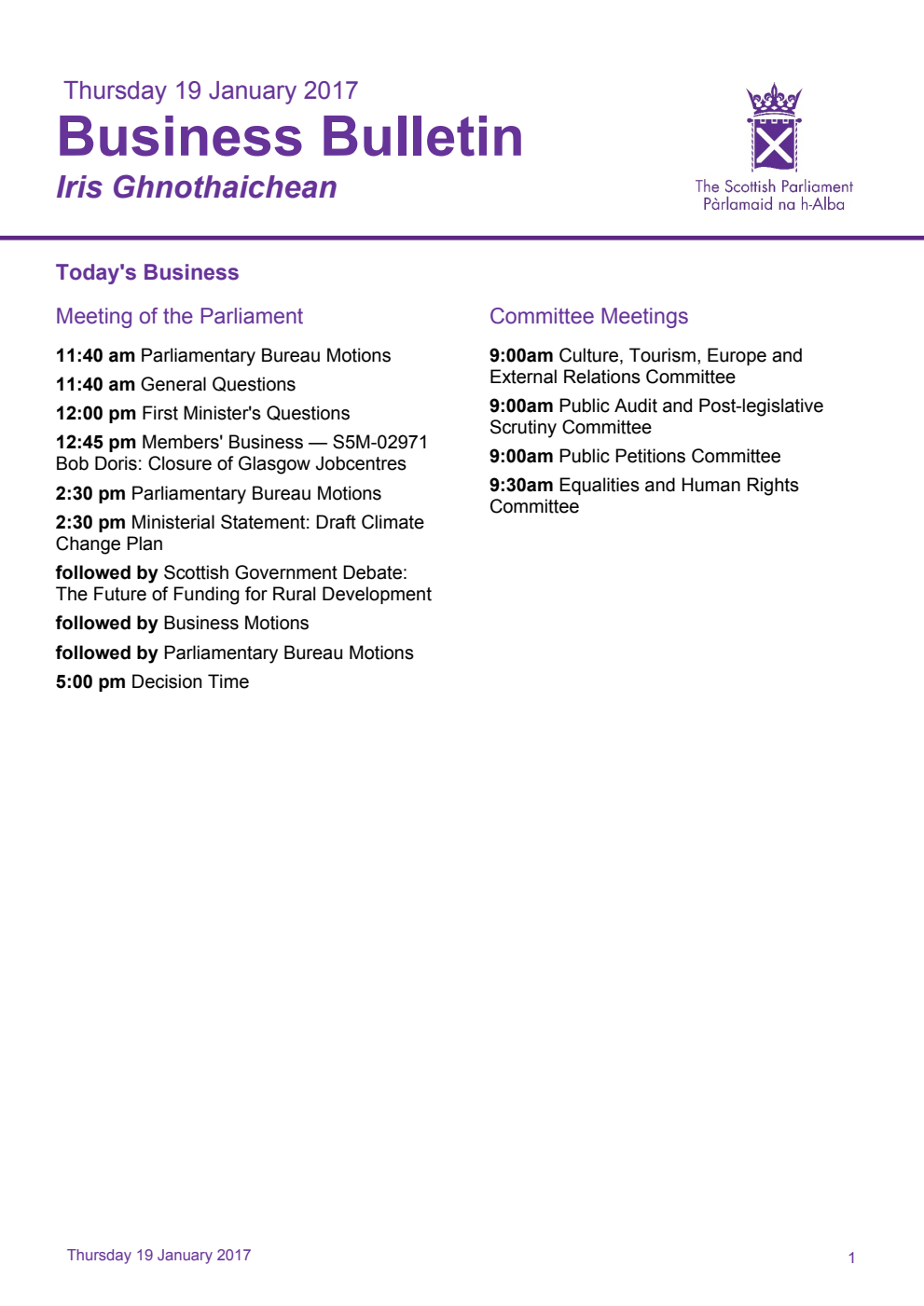 Business Bulletin, Thursday 19th January 2017