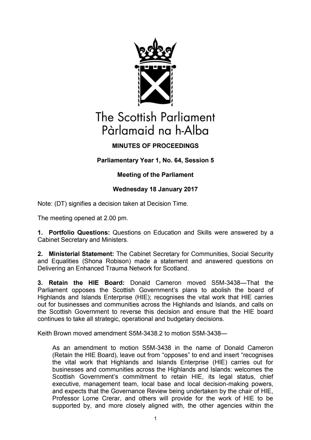 Minutes of Proceedings 18 January 2017 Vol. 1, No. 64 Session 5