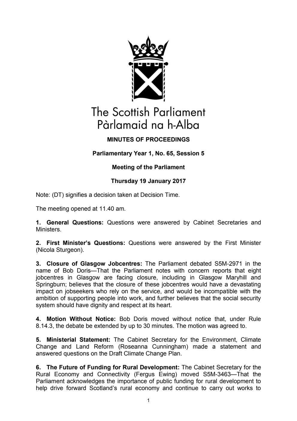 Minutes of Proceedings 19 January 2017 Vol. 1, No. 65 Session 5