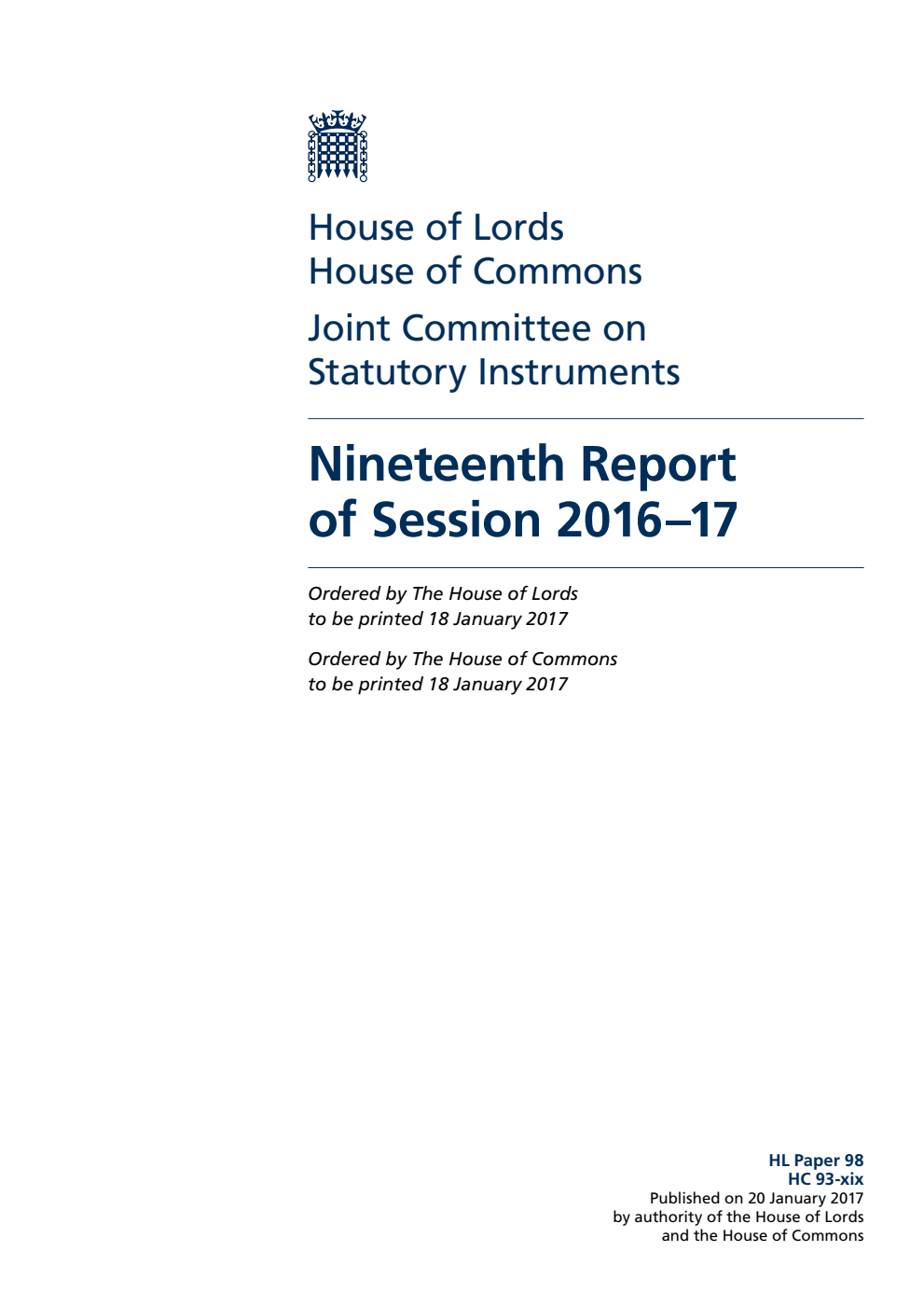 Statutory Instruments Joint Committee 19th Report of Session 2016-17