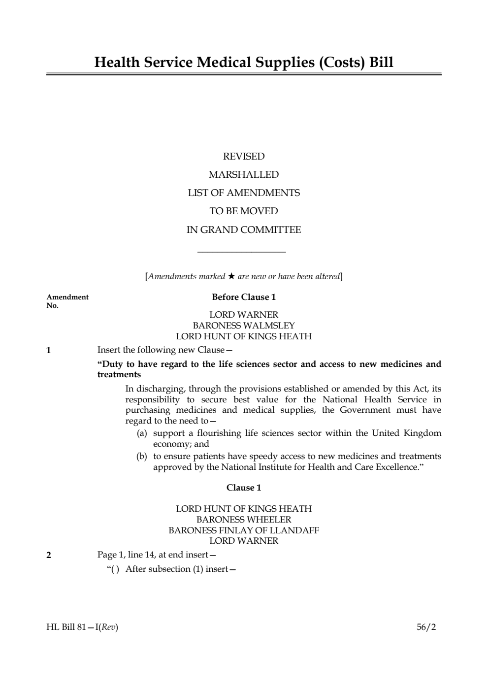 Health Service Medical Supplies (Costs) Bill Lords Amendments Revised 1st Marshalled List