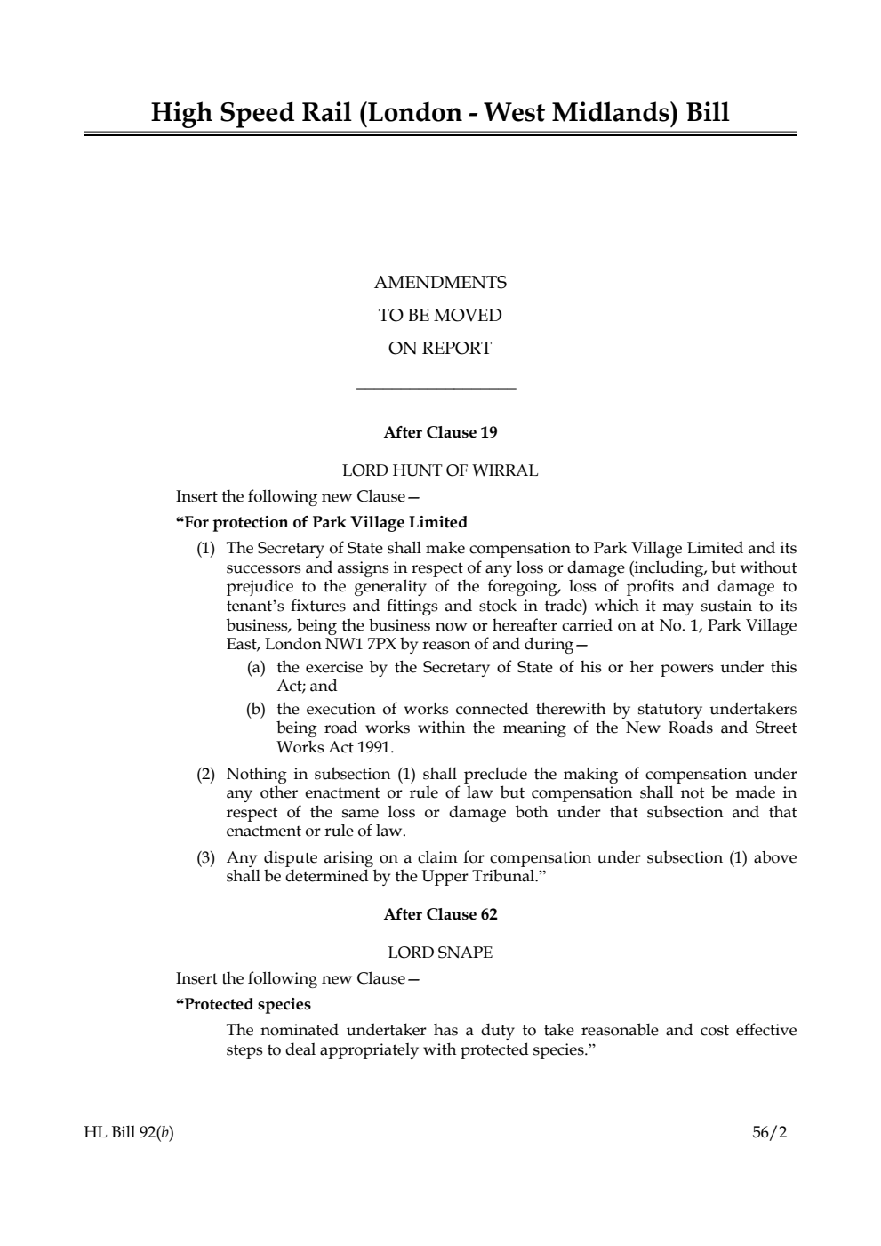 High Speed Rail (London - West Midlands) Bill Lords Amendments