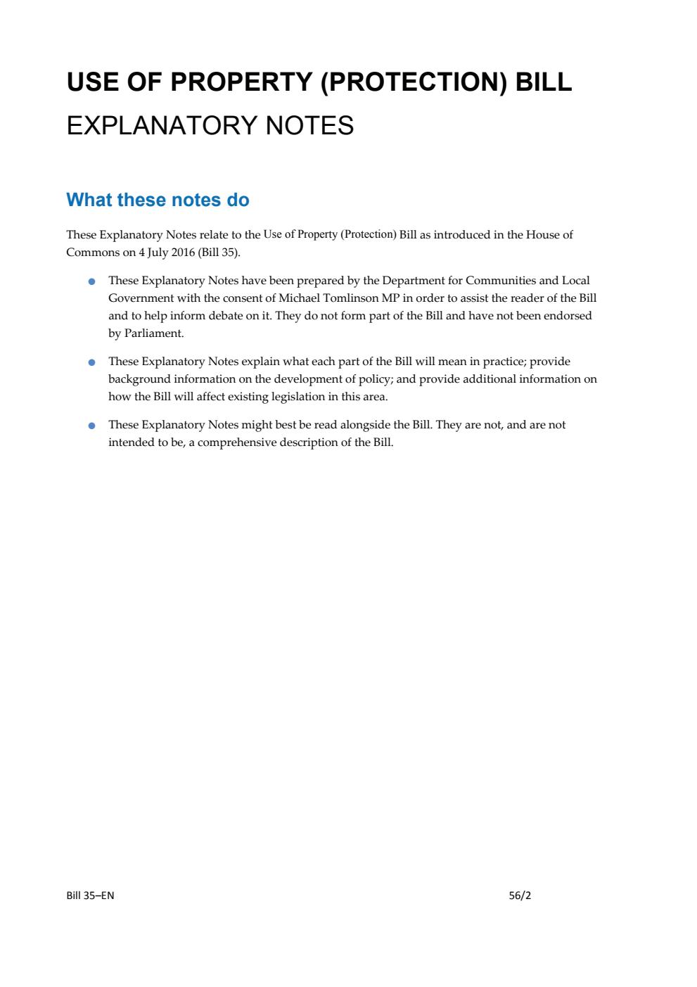Use of Property (Protection) Bill Explanatory Notes