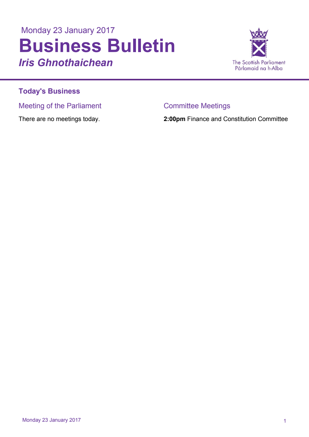 Business Bulletin, Monday 23rd January 2017