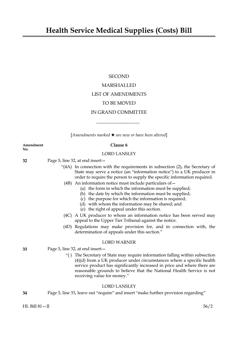 Health Service Medical Supplies (Costs) Bill Lords Amendments 2nd Marshalled List