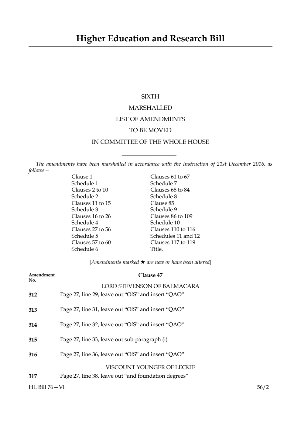 Higher Education and Research Bill Lords Amendments 6th Marshalled List