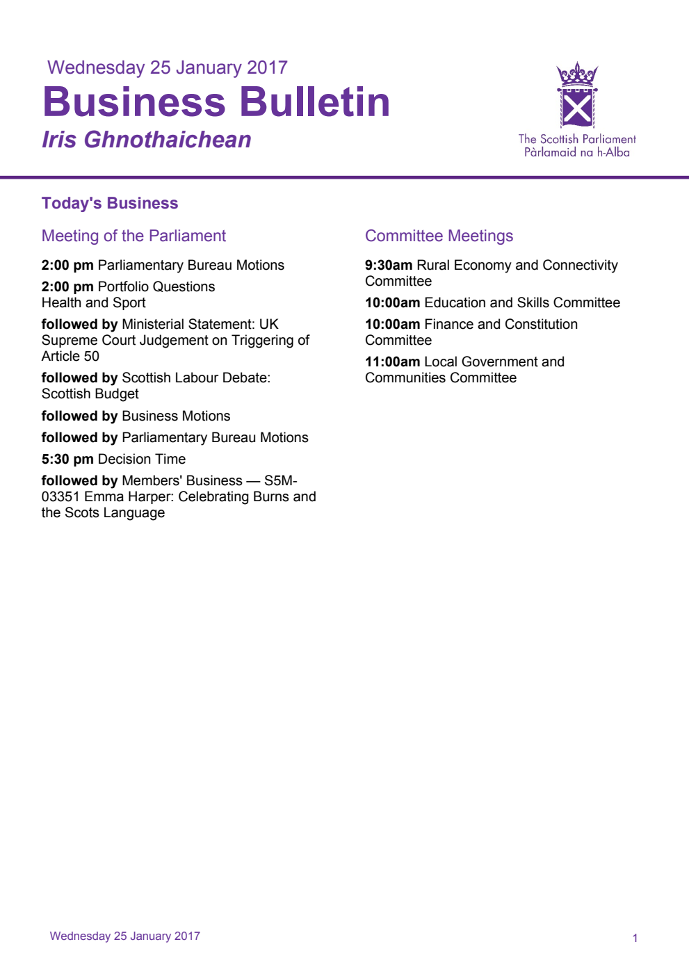 Business Bulletin, Wednesday 25th January 2017