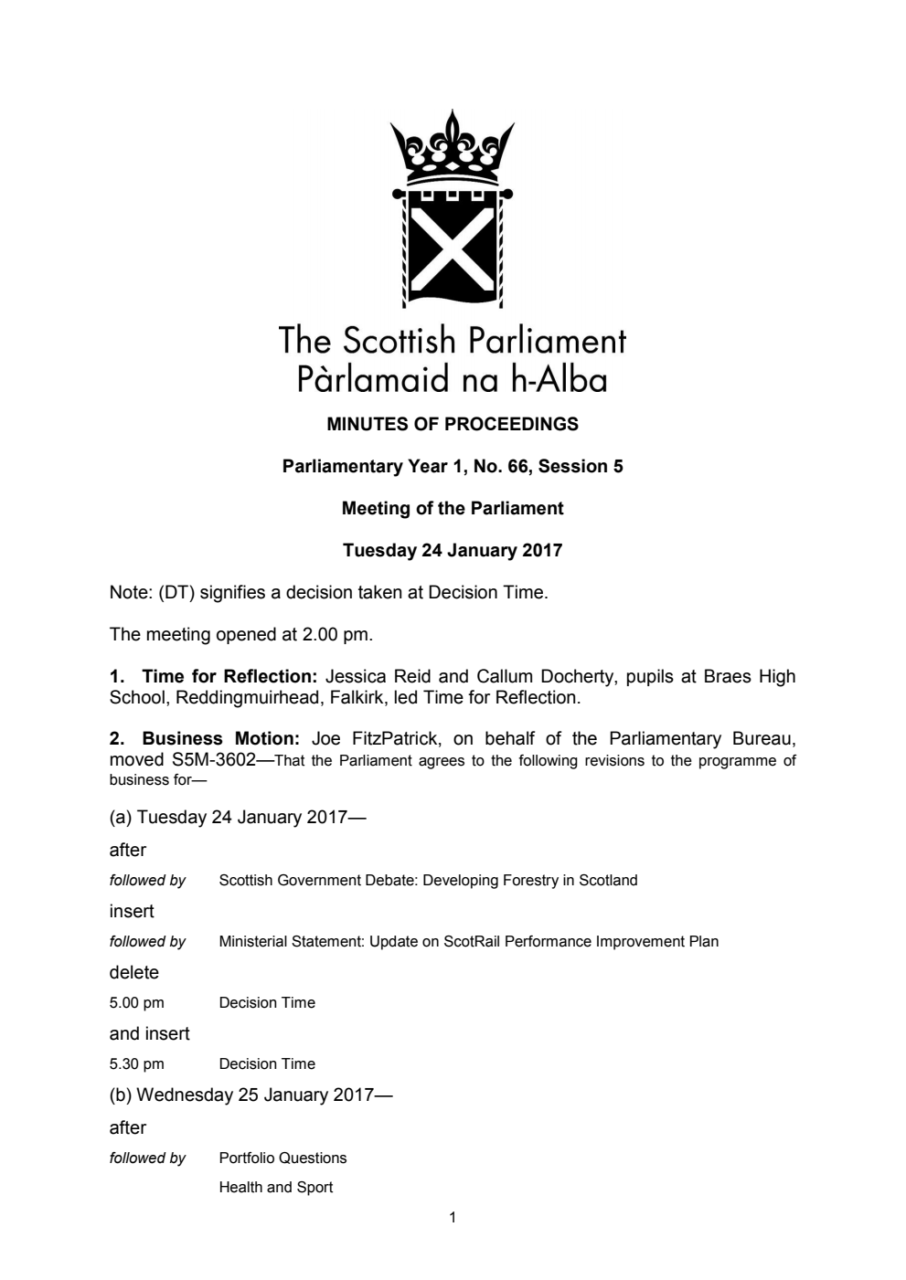 Minutes of Proceedings 24 January 2017 Vol. 1, No. 66 Session 5