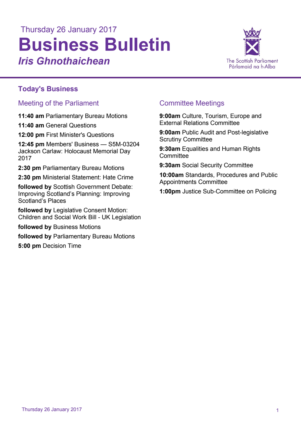 Business Bulletin, Thursday 26th January 2017