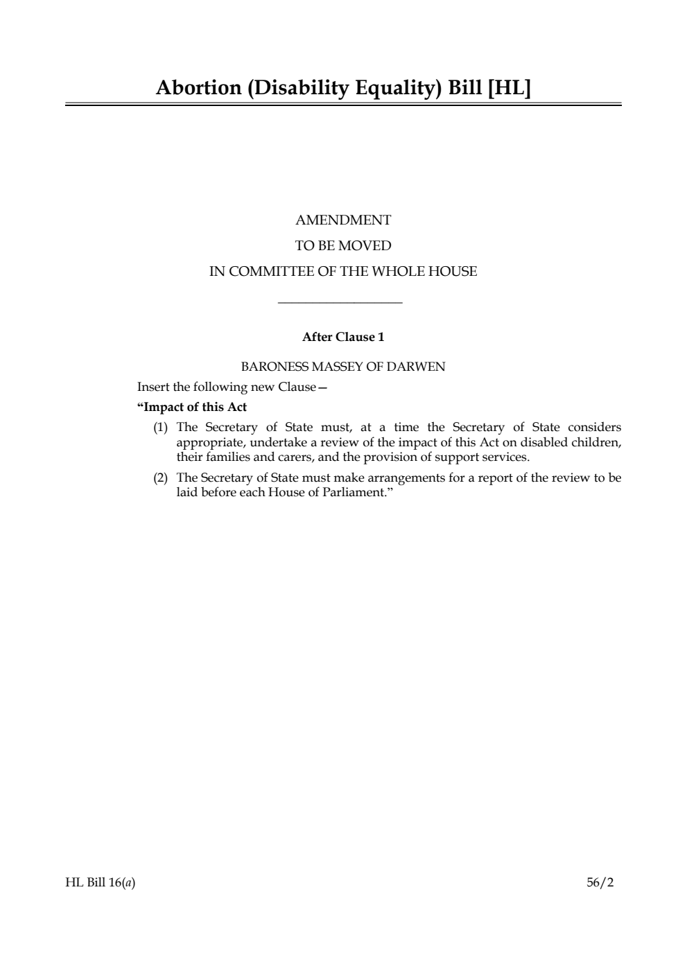 Abortion (Disability Equality) Bill Amendments
