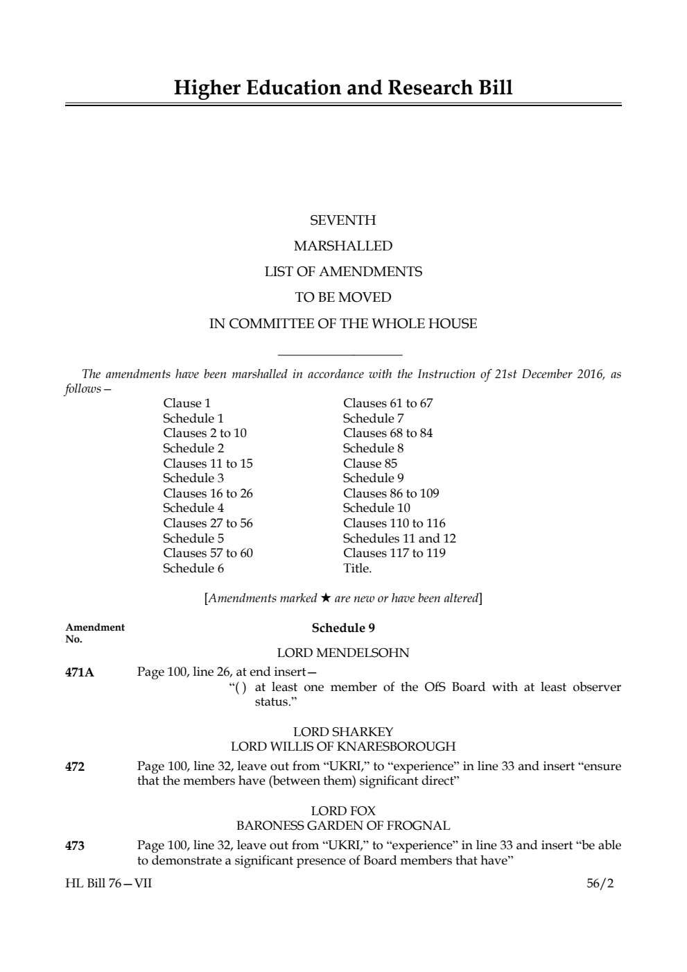 Higher Education and Research Bill Lords Amendments 7th Marshalled List