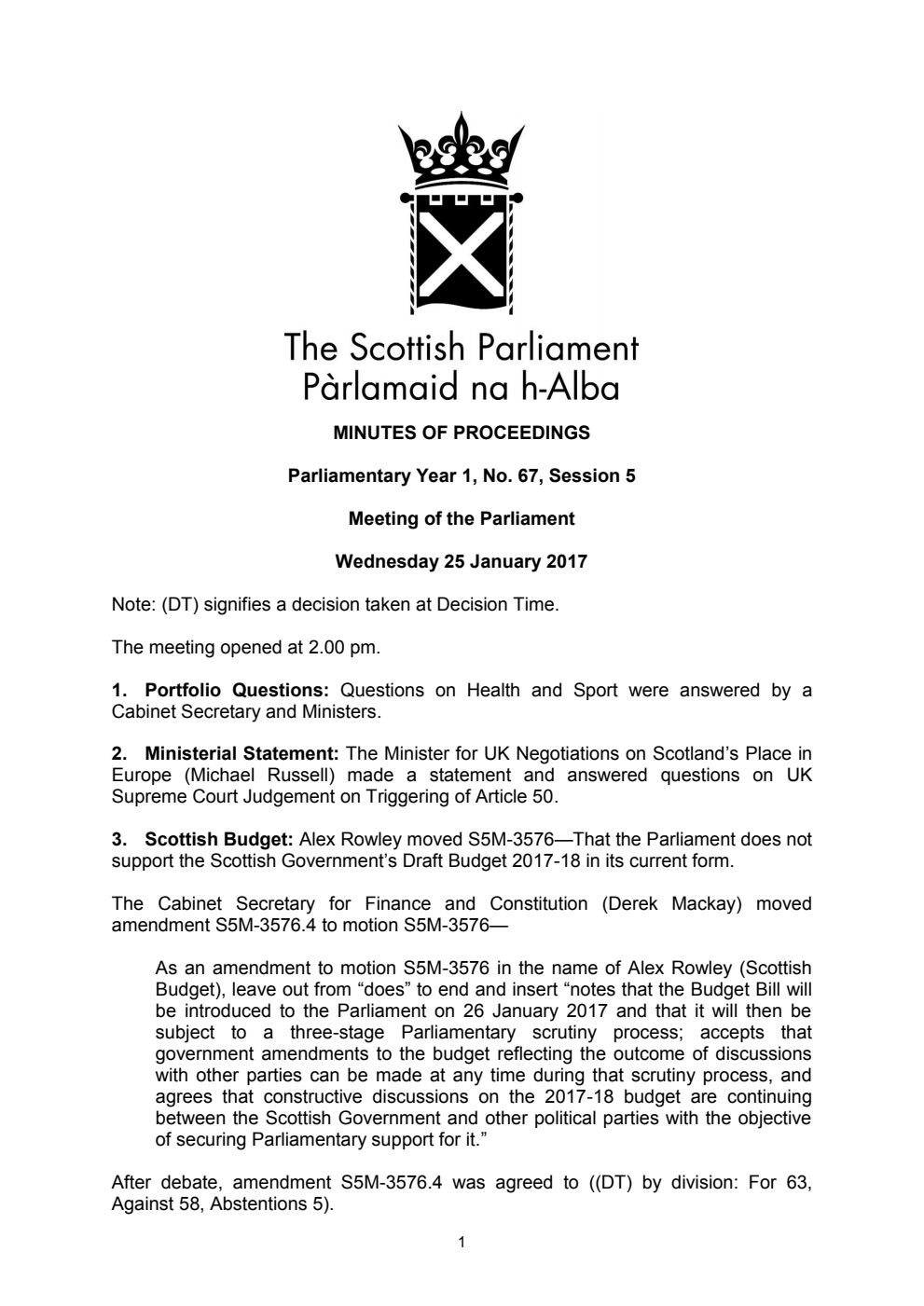 Minutes of Proceedings 25 January 2017 Vol. 1, No. 67 Session 5